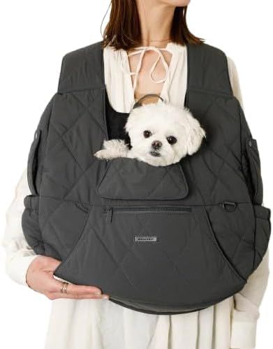monch?ri モンシェリ [キルティングメッシュ付きフロントリュック] 犬 キャリーバッグ・スリング 小型犬 (S/チャコールグレー) 飛び出し防止 軽量 抱っこ紐 お出かけ 旅行 犬用