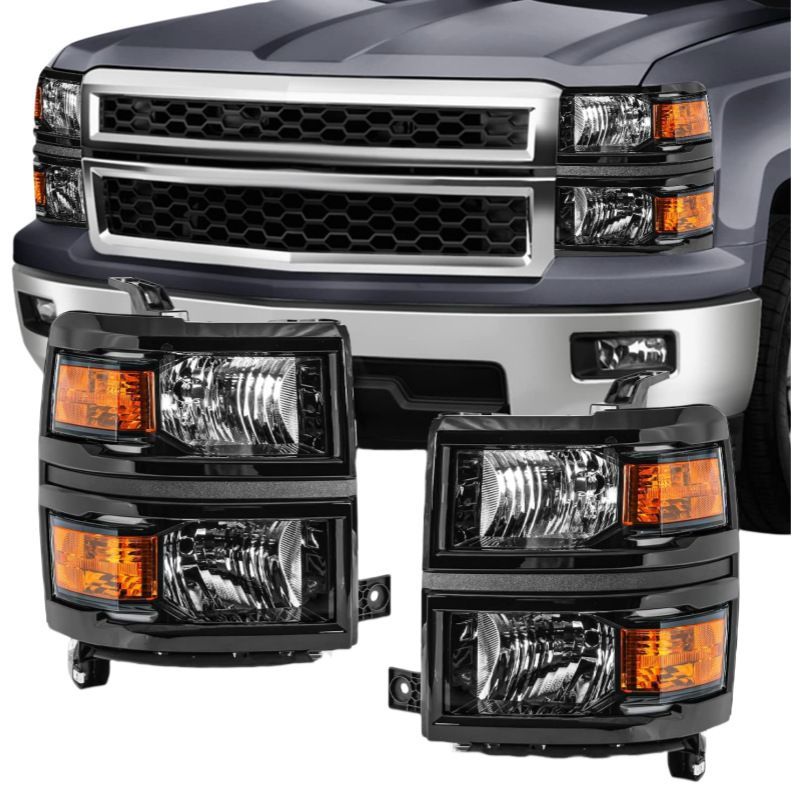 シボレー Chevrolet Silverado 1500 2014年 2015年 フロント ヘッドライト 左右セット ブラックハウジング アンバー系レンズ PC素材 12V 55W 前照灯