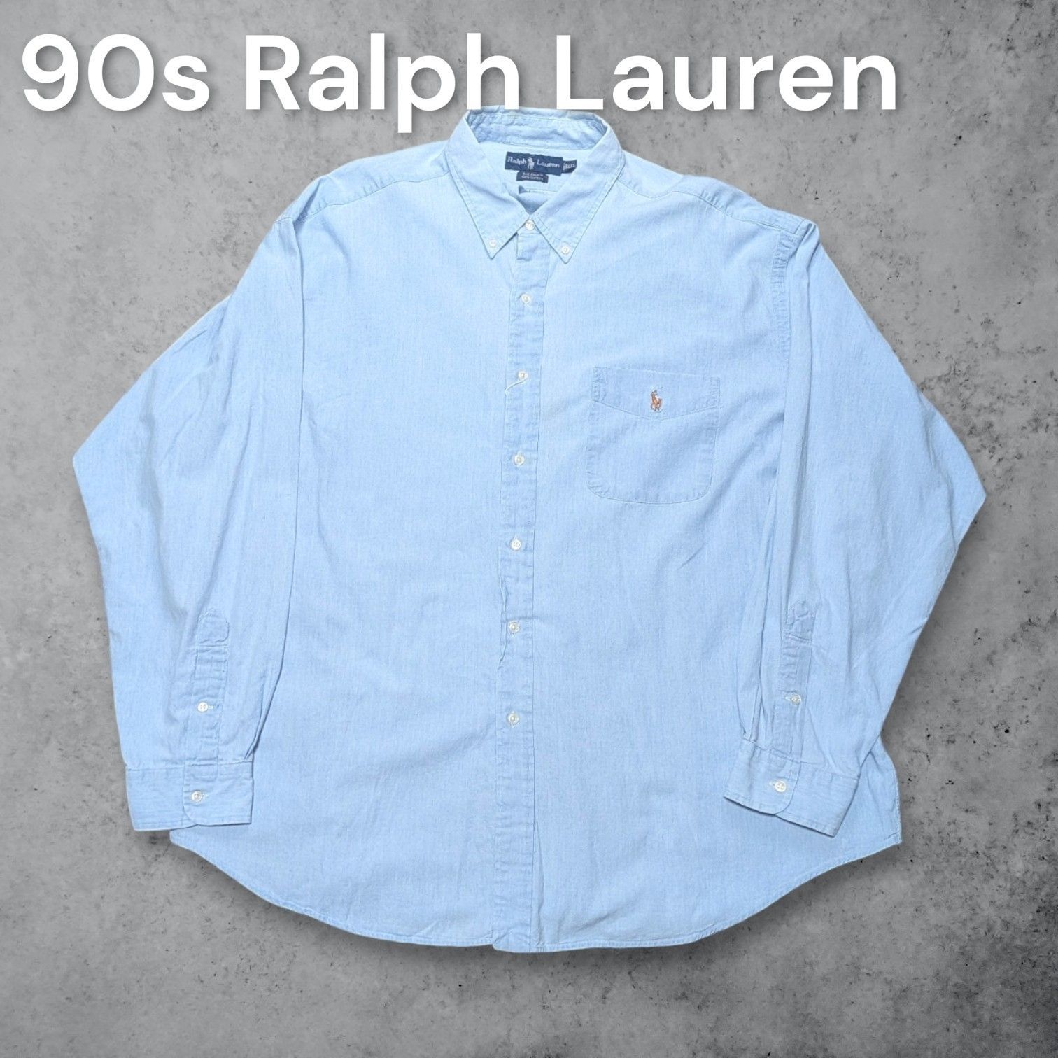 90s Ralph Lauren THE BIG SHIRT ボタンダウンシャツ メンズXXL ライトブルー ビッグシャツ パッチポケット マルチポニー