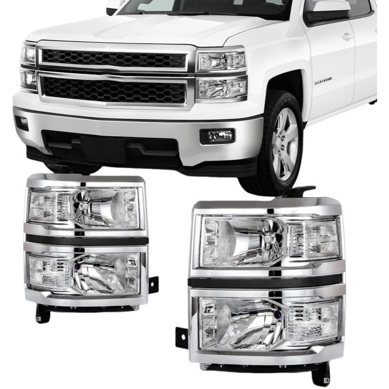 シボレー Chevrolet Silverado 1500 2014-2015年 フロントヘッドライト 左右セット クローム調 クリアデザイン ハロゲン 12V 55W PC素材 ドレスアップ