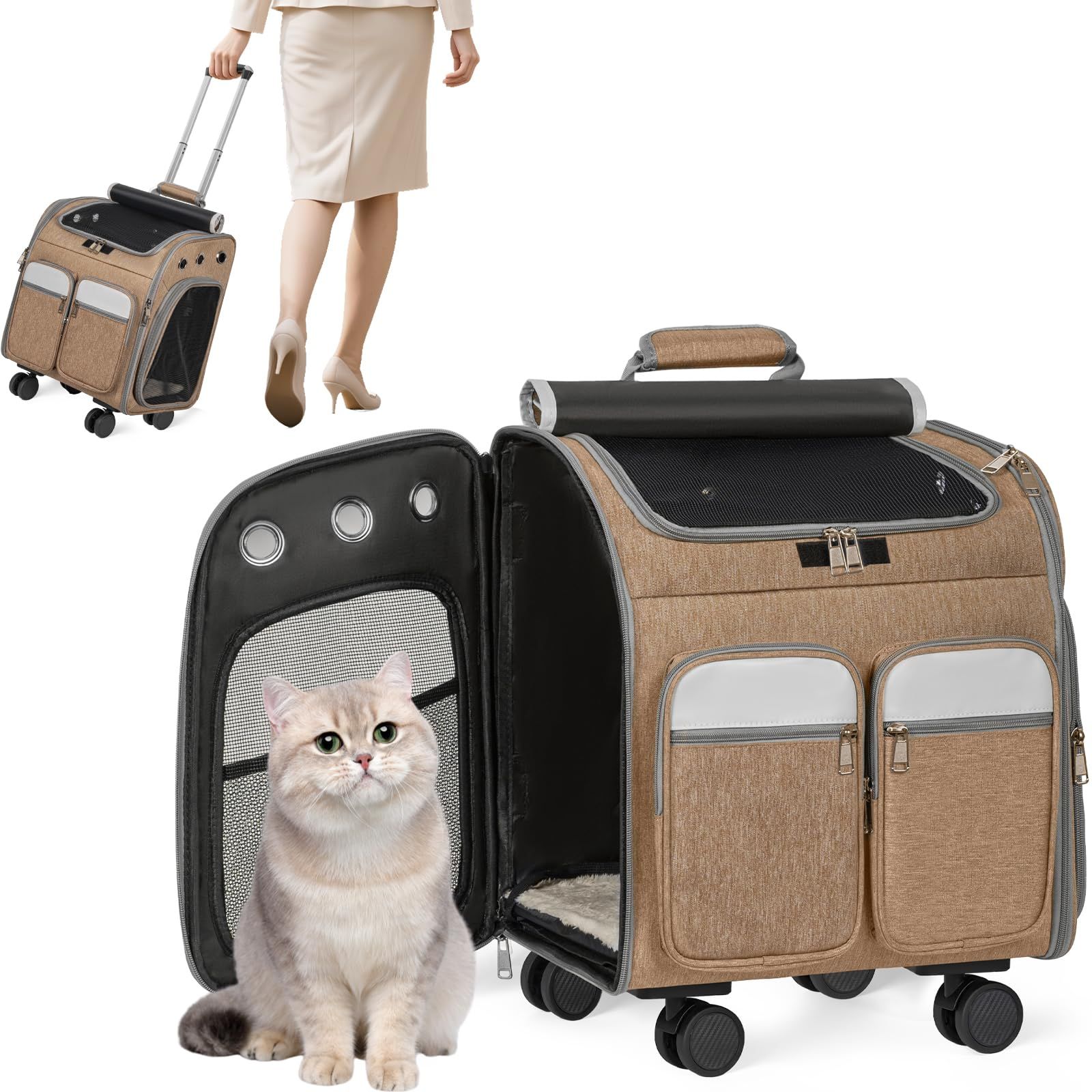 ペットキャリー ペット用ベビーカー キャスター付きト用キャリーバッグ キャスター付き 猫キャリーバッグ 猫・小型犬用 4way キャスター付き手提げ 多機能リュック 通気性 散歩 (カーキ) 取り外し可能mt 876ce01e