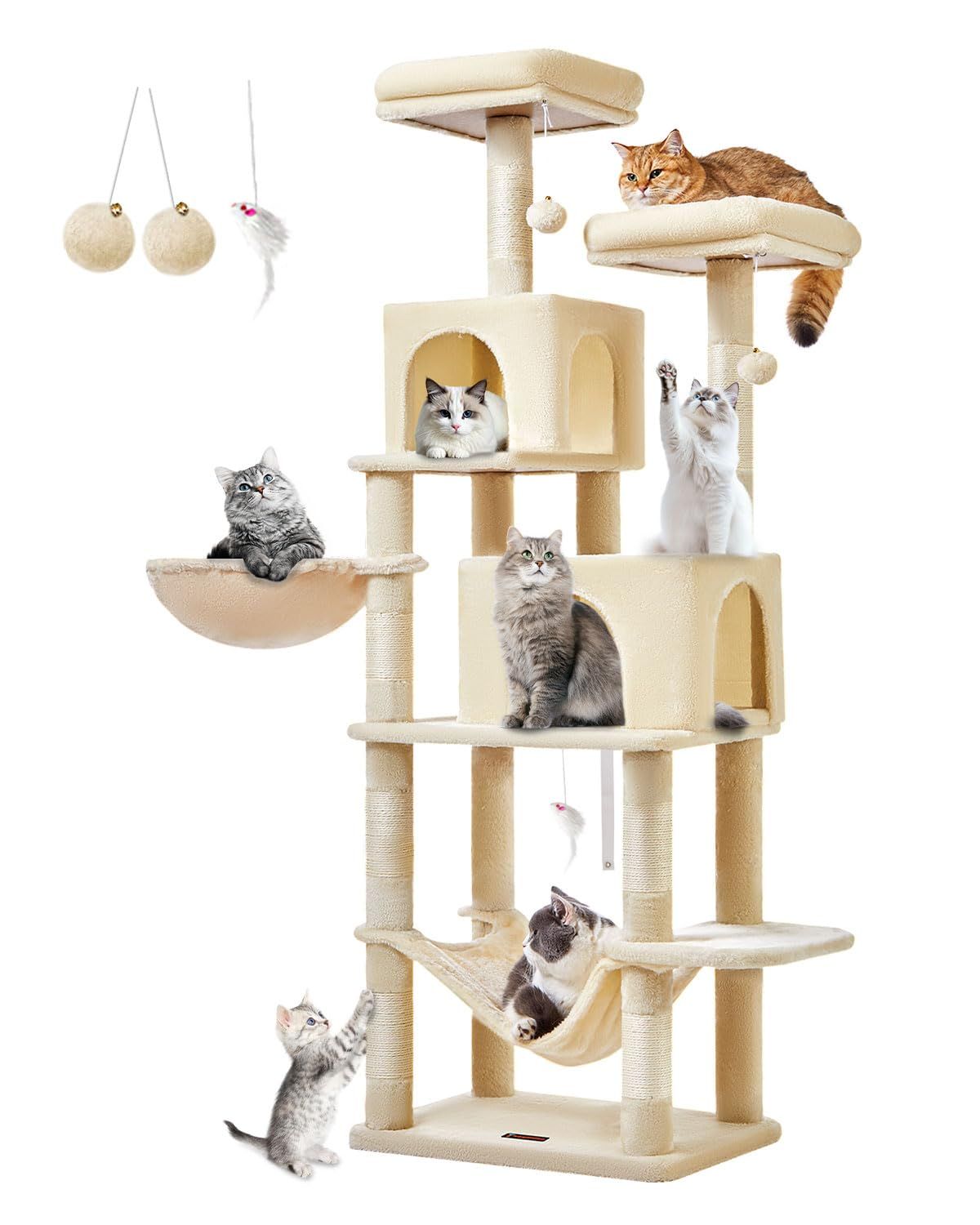Taogimiao キャットタワー 高さ170cm 大型猫用 多頭飼い対応 据え置き 超スリム 省スペース 転倒防止付き 安定感 運動不足解消 猫ハウス2個 ハンモック 2段展望台 天然麻紐 爪研ぎ棒 サイザル麻爪ときボ一ル7本 ボンボン2個 42889a63