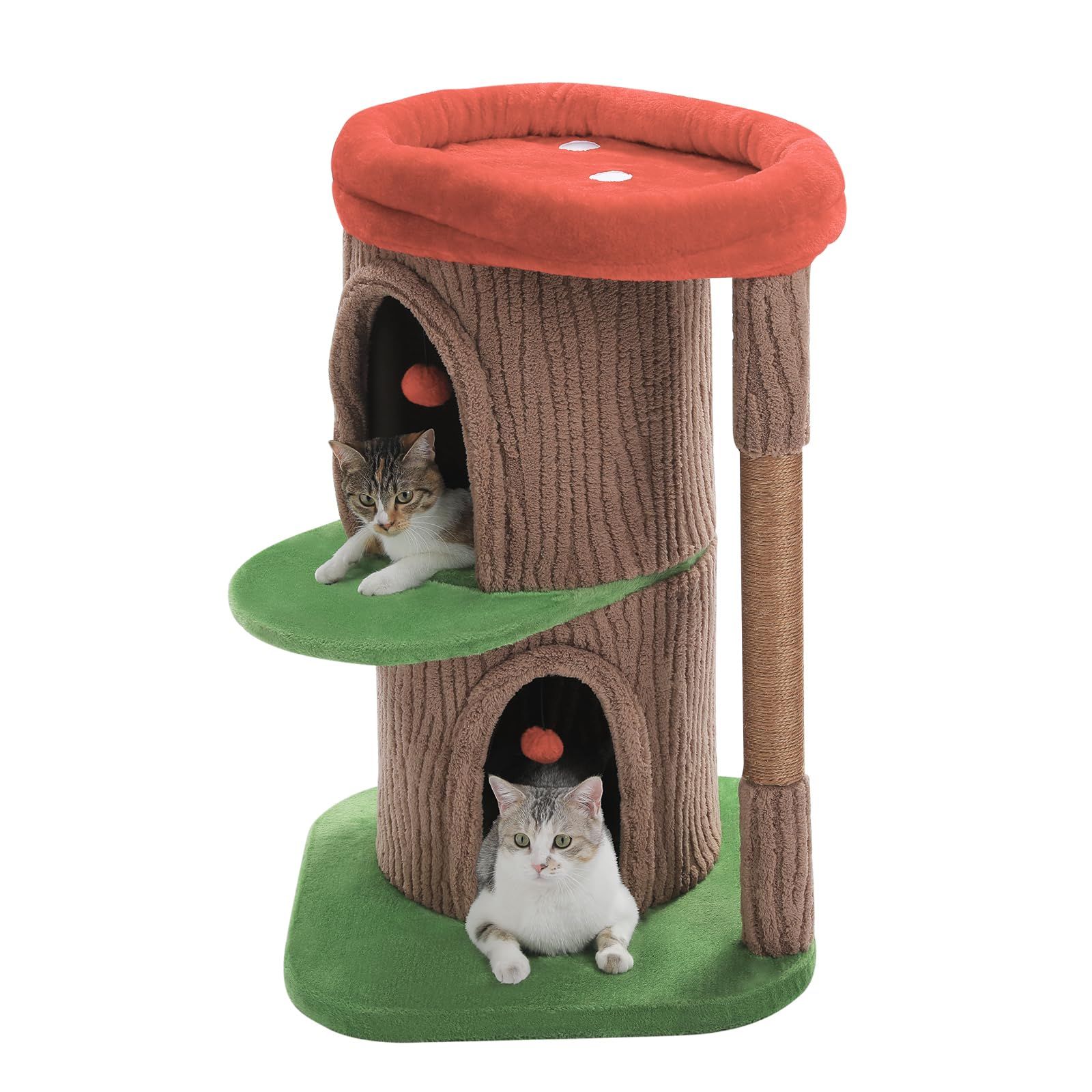 PAWZ Road キャットタワー 大型猫用 ワイド 大きいベッド 据え置き 人気 おしゃれ 猫ハウス 複数隠れ家 3階 多頭飼い 森シリーズ 麻紐爪研ぎポール ジュート キノコ 安定感 - ブラウン 90cmmt cd148302