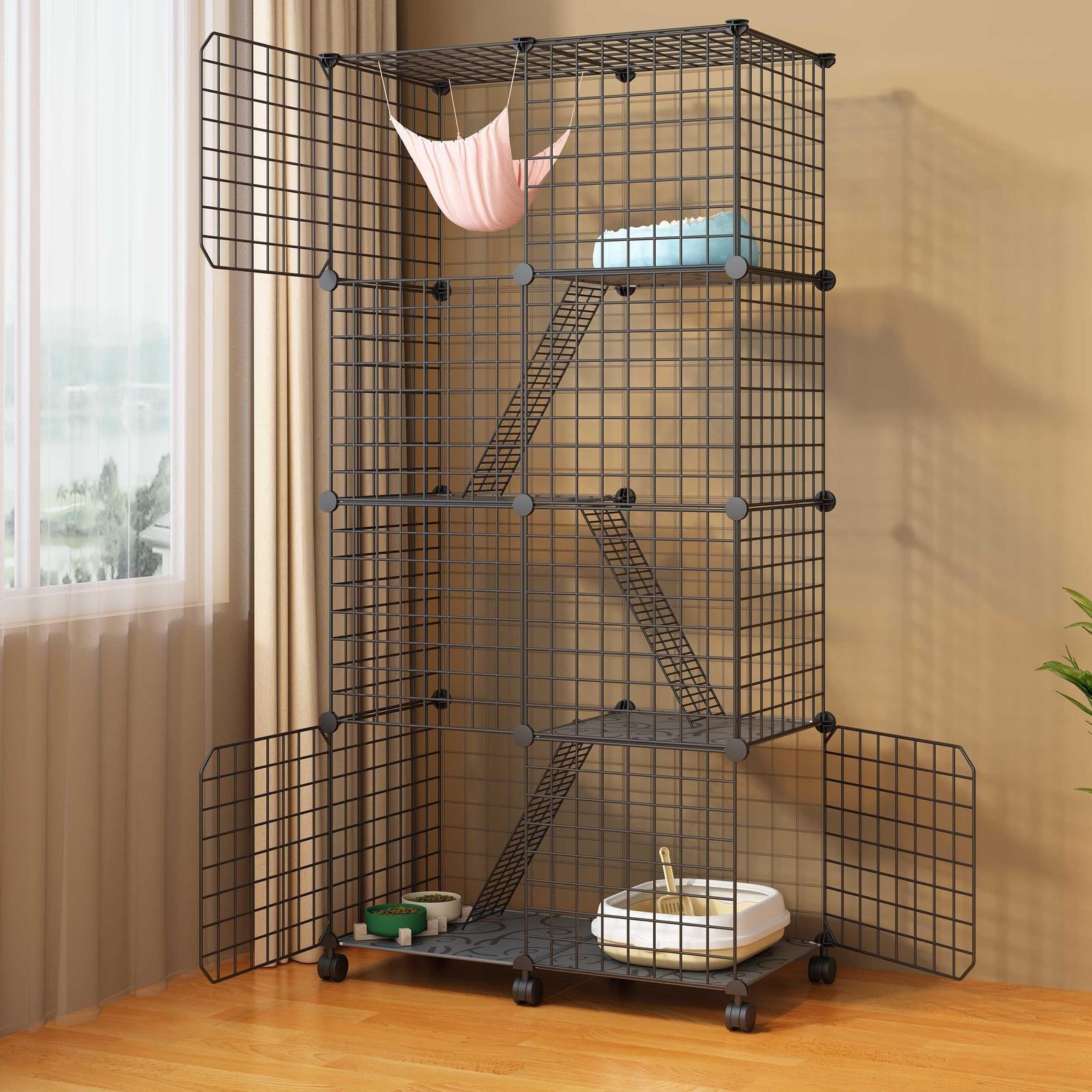 UYTON 猫ケージ 子猫用ケー ジ 猫ハウス サイズ：4段【 75cmX36cmX152.5cm】【ブラック】室内用 大きめ動物ケ ー ジ 大型猫用ケー ジ 多頭飼い猫 折り畳み式 移動便利 組立簡単 取り外し可能なペット用品 掃除簡単 快 182e6b9b