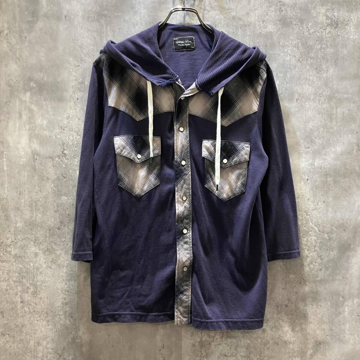07SS NUMBER (N)INE 長袖シャツ フード付き切替フランネルシャツ size 2 ネイビー ナンバーナイン