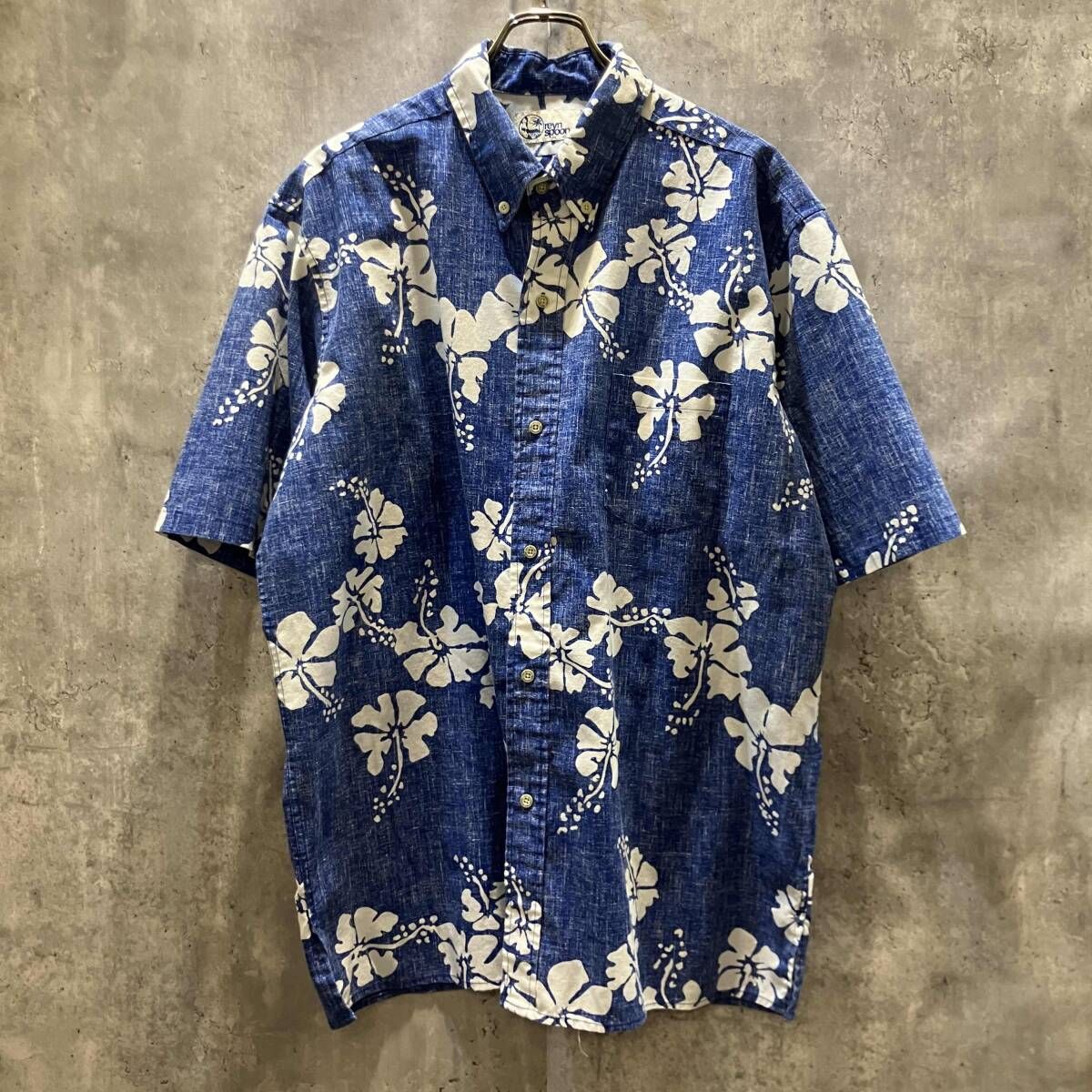 reyn spooner 半袖シャツ ハイビスカス Blue size XL ブルー×ホワイト レインスプーナー