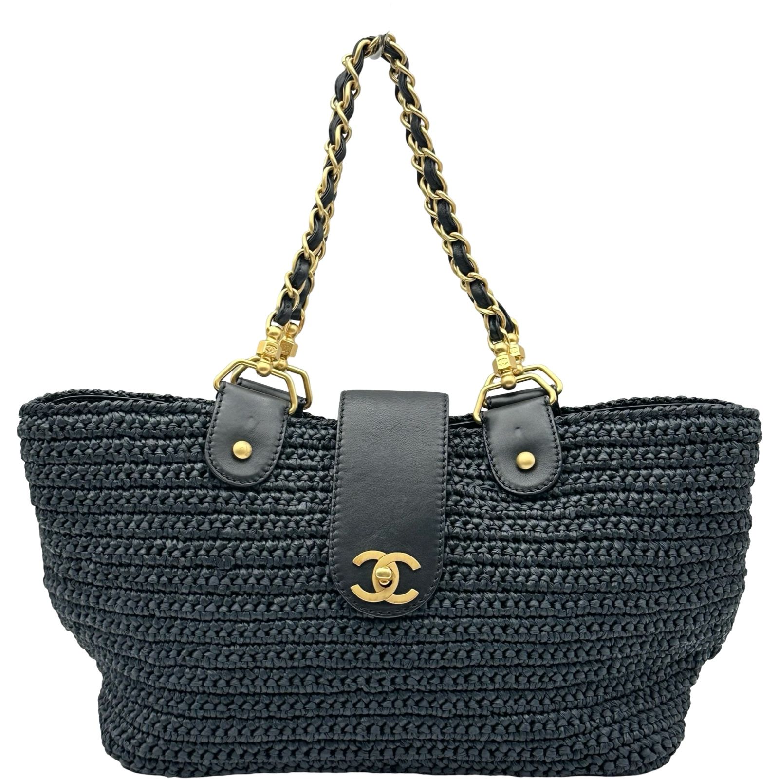 シャネル CHANEL ココマークチェーントート 10番台 ネイビー ゴールド金具 ラフィア レディース トートバッグ