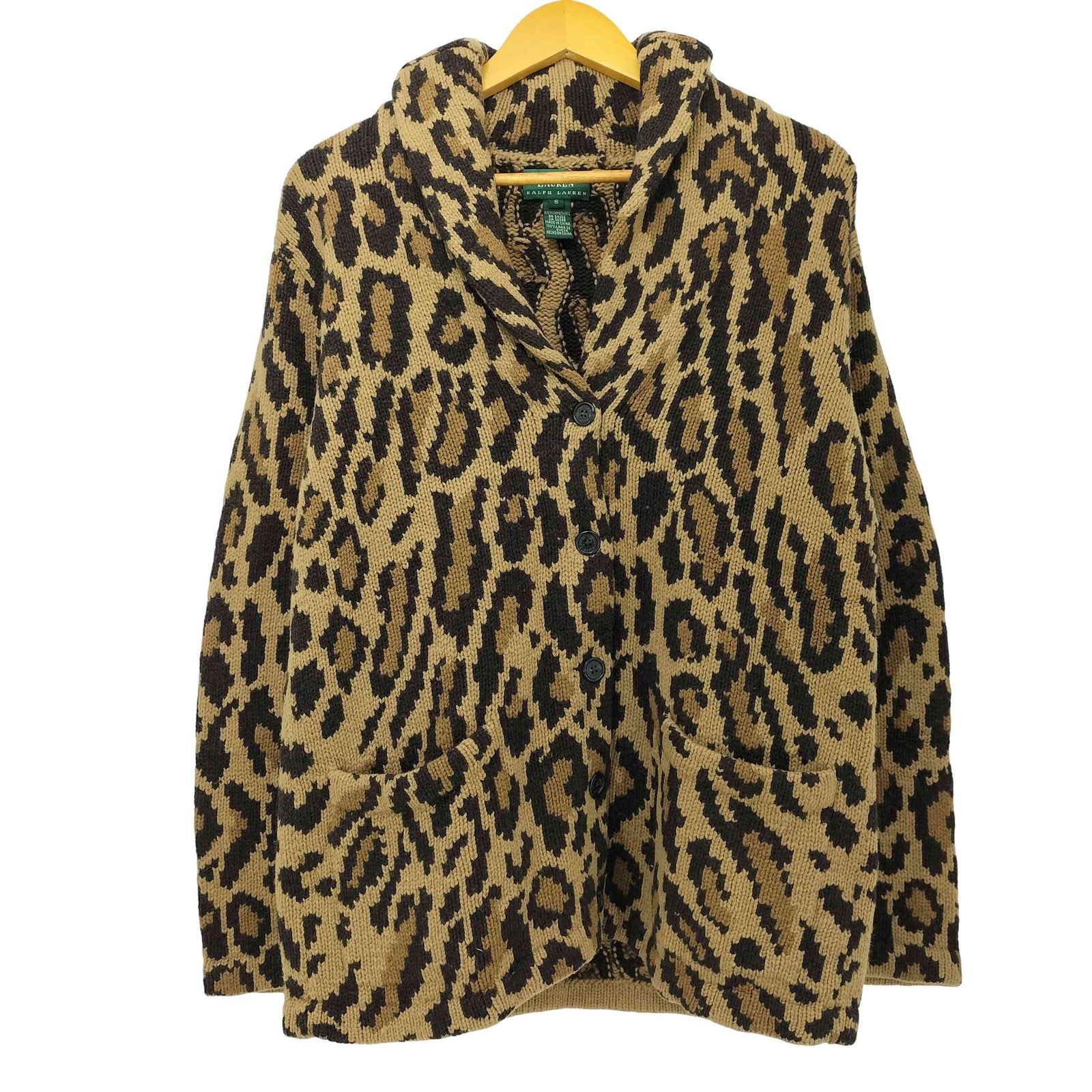 ローレンラルフローレン LAUREN RALPH LAUREN 90s ラムウール100 ハンドニット レオパード ネイティブ ショールカラー カーディガン メンズ import：S