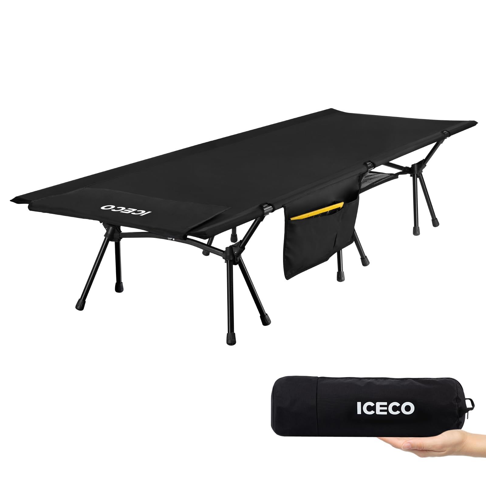 軽量2.8KG ハイ/ロー切替可能 静音設計 耐荷重180KG キャンプ 1000D アウトドア ベッド 2WAY 折りたたみ式 組立簡易 キャンプコット コンパクト ICECO 収納バッグ付き 日本語説明書付 Upgrade (ブラック)