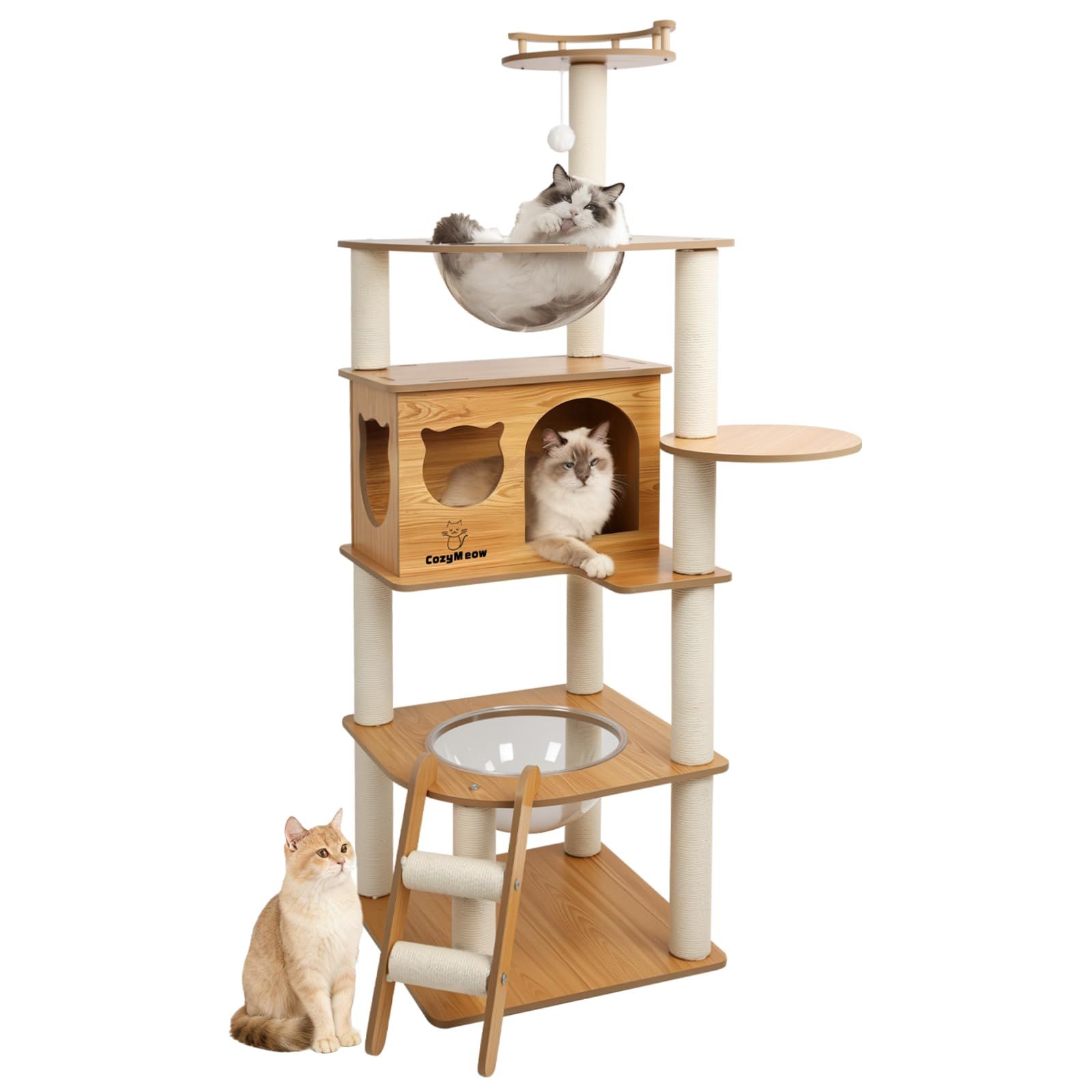 [CozyMeow] キャットタワー 木製 据え置き スリム 宇宙船 厚さを増した板材 大型猫用 猫タワー 多頭飼い キャットハウス 爪とぎ キャットウォーク 人気 きゃつとタワー シニア ねこ おしゃれ かわいい キャットステップ 高い安定 1899c81d