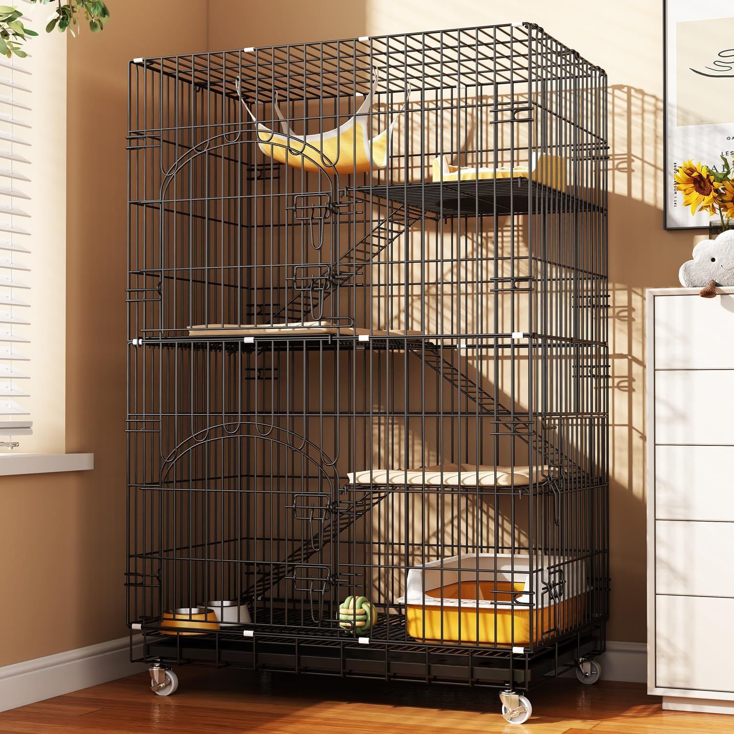 猫ケージ 猫用ケージ 猫ハウス [本体サイズ:76.5×50×115CM、ブラック][高さ:115CM] 大型猫用 多頭飼い対応 タイプ 組立簡単 工具不要 折りたたみ可能 移動便利 室内飼い 快適スペース 留守番 高耐久性 ペット用品 梯子 dc259b29