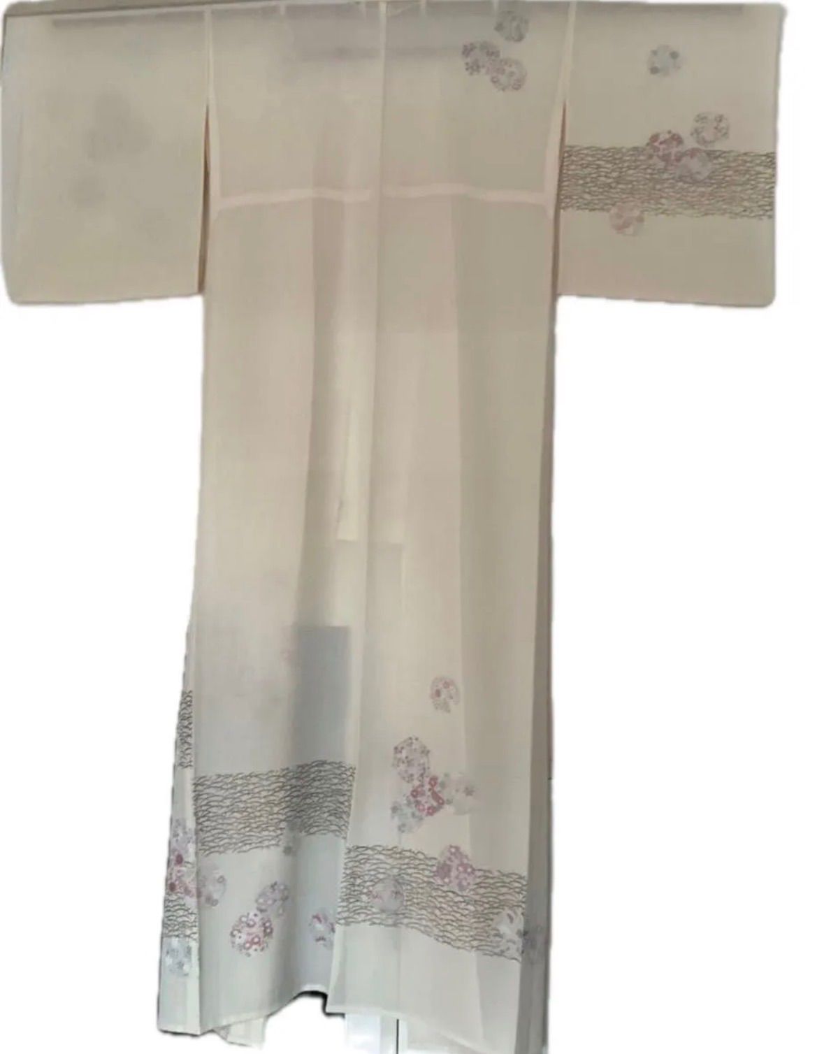 夏着物☆付け下げ☆クリーム色☆花柄金彩正絹☆絽☆正絹付け下げ着物