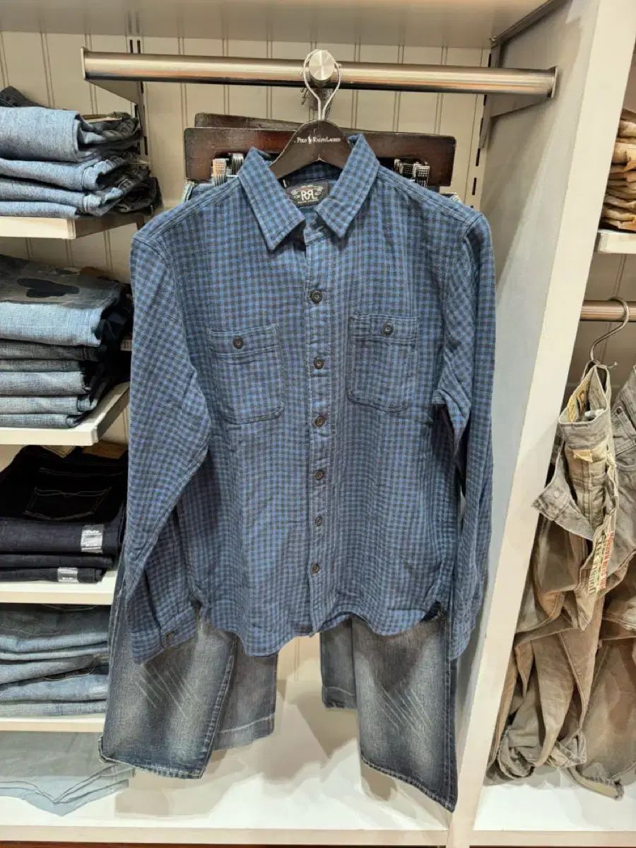 RRA ダブルアールエル フランネル CHECK ブルー ワークシャツ L