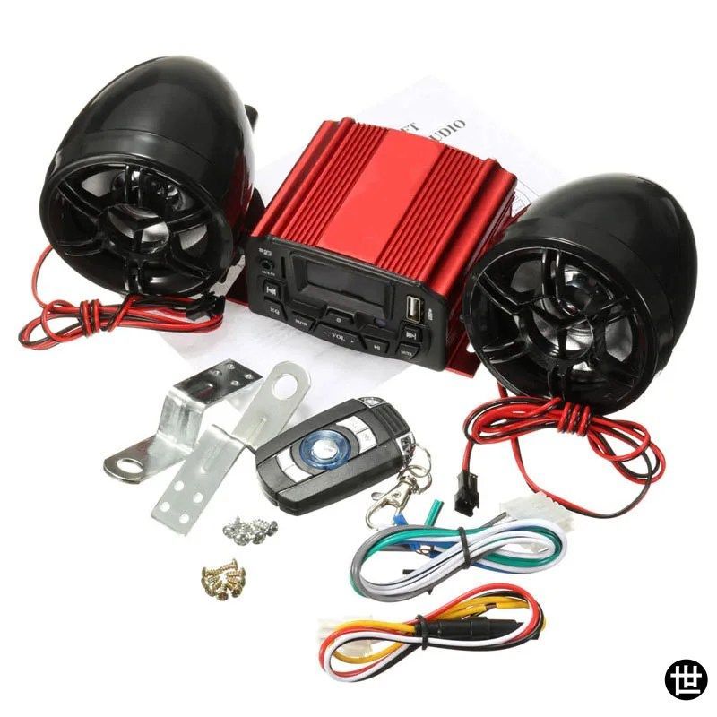 12V バイク用レッドサウンドシステム SD USB MP3 バイク用 BLUETOOTH オーディオ リモコン ステレオ 2スピーカー 防水 FMラジオ