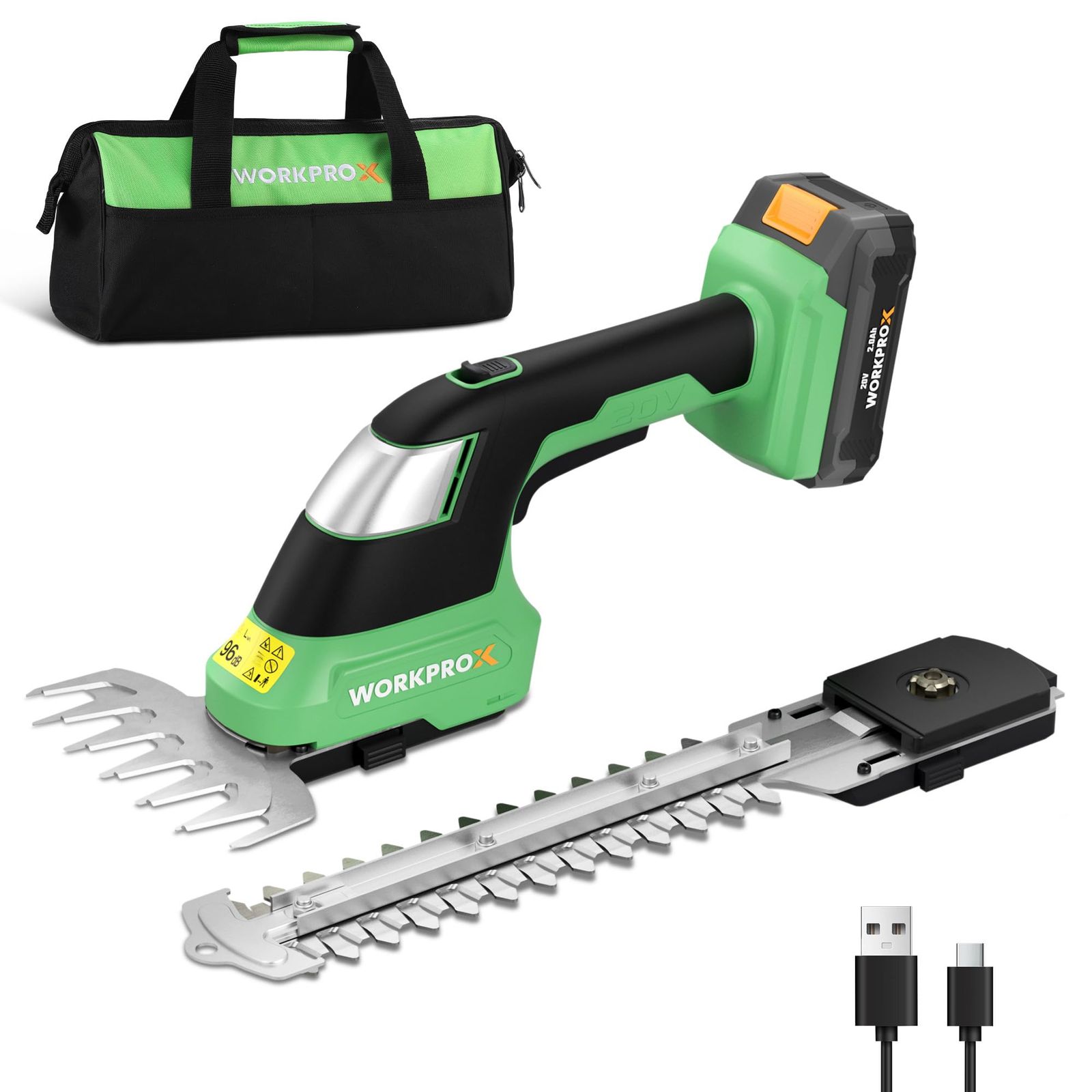 WORKPROX 芝生バリカン 生垣バリカン 20V コードレス 充電式 草刈り機 バリカン刈幅145mm トリマー刈幅199mm 最大切断径8mm Type-C充電ケーブル付き 快速充電 剪定 植木 園芸 収納バッグ付きry