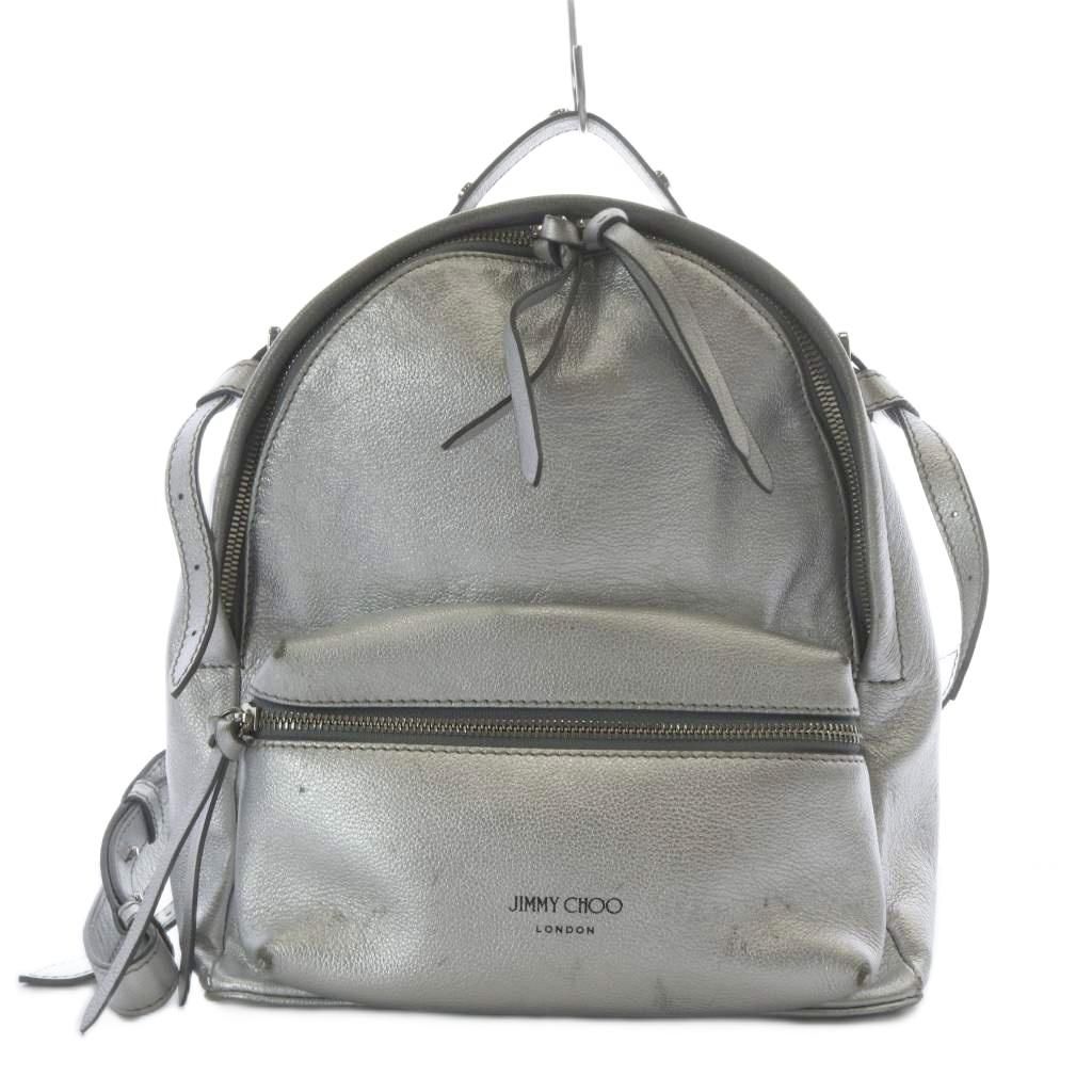 ぐるー。Jimmy Choo ライトグレー レザーリュック　バッグ ジミーチュウ JIMMY CHOO シルバーレザーバックパック バッグ リュック
