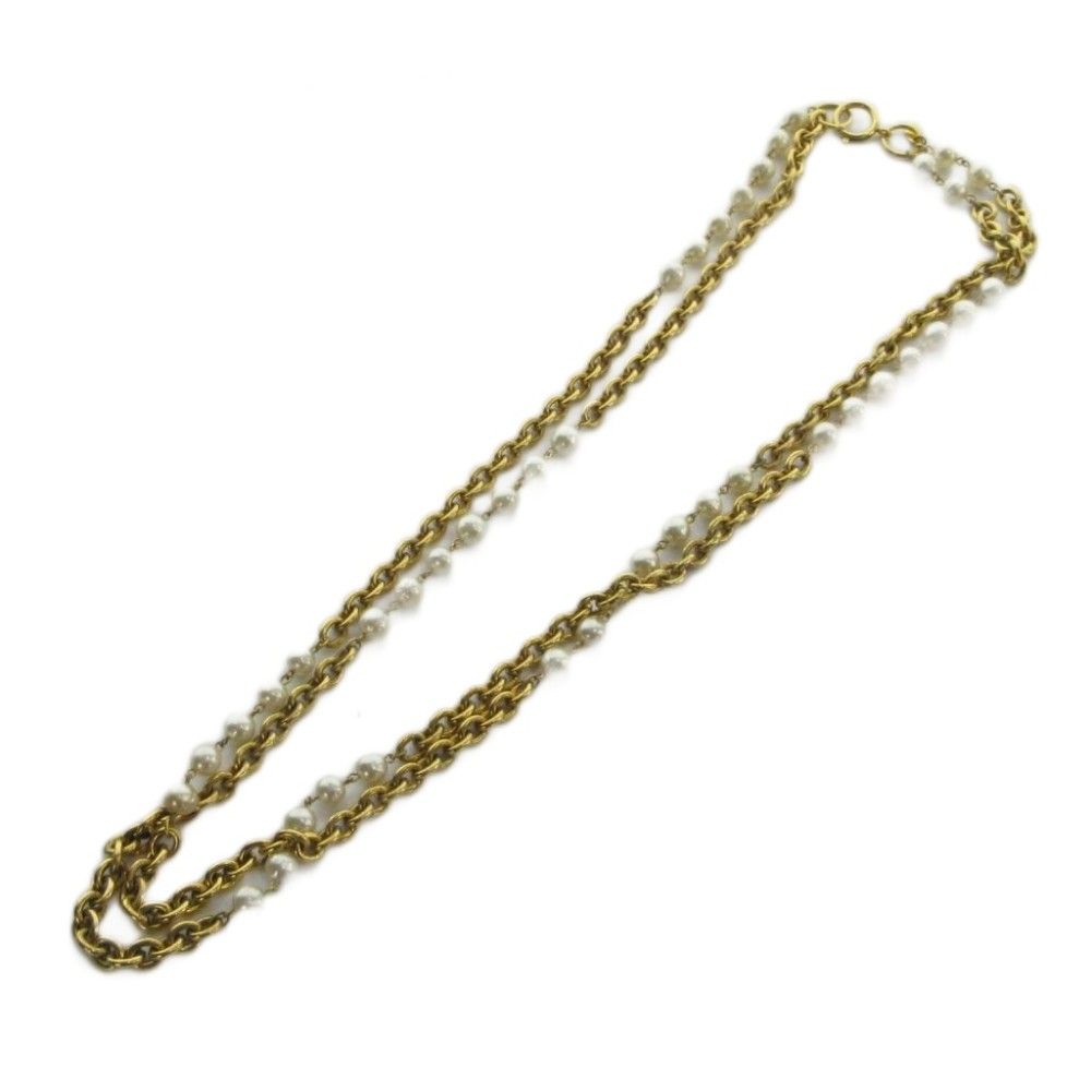 シャネル CHANEL ネックレス アクセサリー ロゴ チェーン フェイクパール 2連 ゴールド色 ■GY13 /MQ ■OH