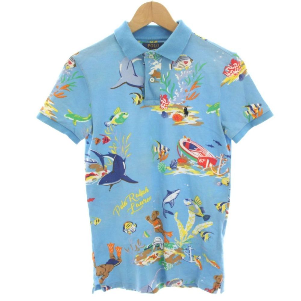 ポロ ラルフローレン POLO RALPH LAUREN CUSTOM SLIM FIT ポロシャツ カットソー 半袖 総柄 スモールポニー ポロベアー XS 水色 ライトブルー 0200040201 /HN