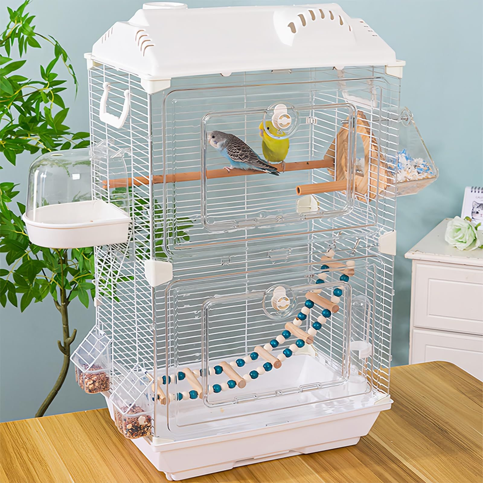 鳥かご バードケージ 中型 インコ ケージ アクリル透明ドア 鳥籠 鉄製 頑丈 鳥小屋 複数飼い ハンドル付き 引き出しトレイ 省スペース お手入れが簡単 様々な鳥類に適用 文鳥 小鳥 インコ ホワイト 幅40×奥行28×高さ71cm