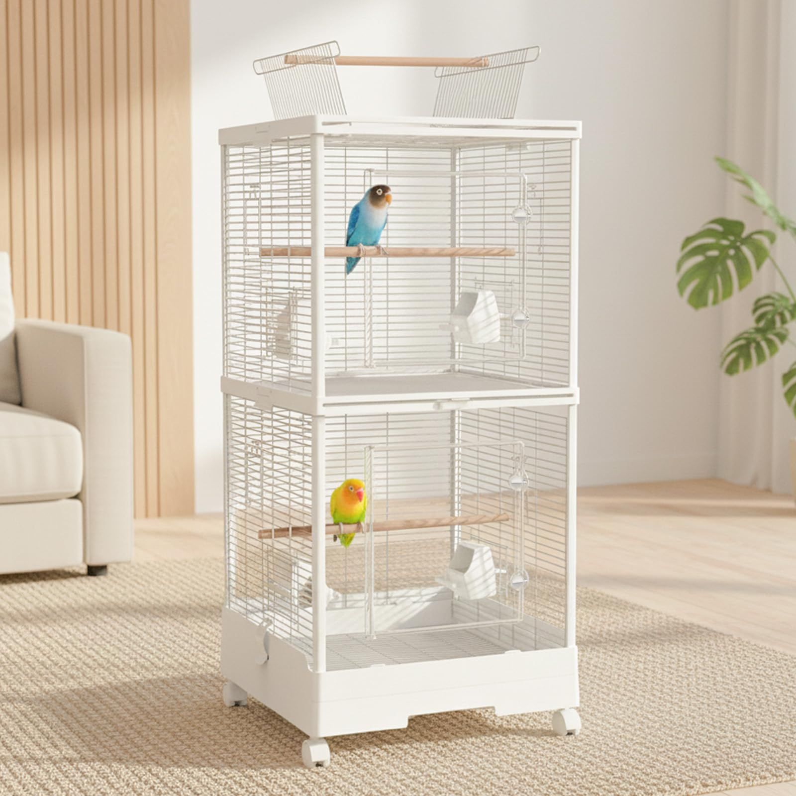 Ruexue ステンレス バードケージ 二段 【モダンな部屋に映えるスタイリッシュデザイン】 鳥かご 多頭飼い 仕切り付き 2WAY仕様 シルバー 頑丈 ハイタイプ おしゃれ リビング用 インコ オウム プレゼント (シルバー, 2段 (高さ100cm))