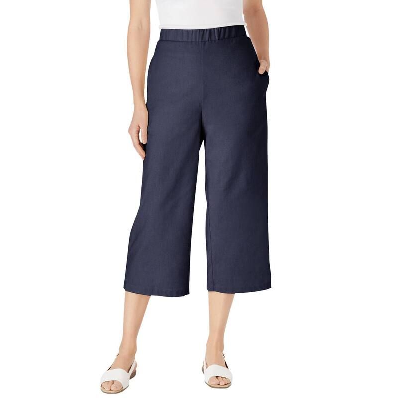 ウーマン ウィズイン レディース ボトムス カジュアルパンツ プラスサイズ プチ キャップ リネン Woman Within Plusize Petite Linen Capri Navy ネイビー