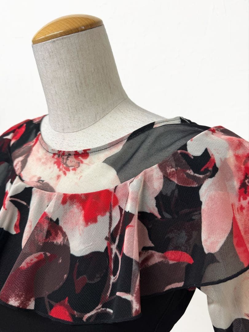 JOAN】新品 M 社交ダンス花柄トップス 背面華やかプリント赤黒109