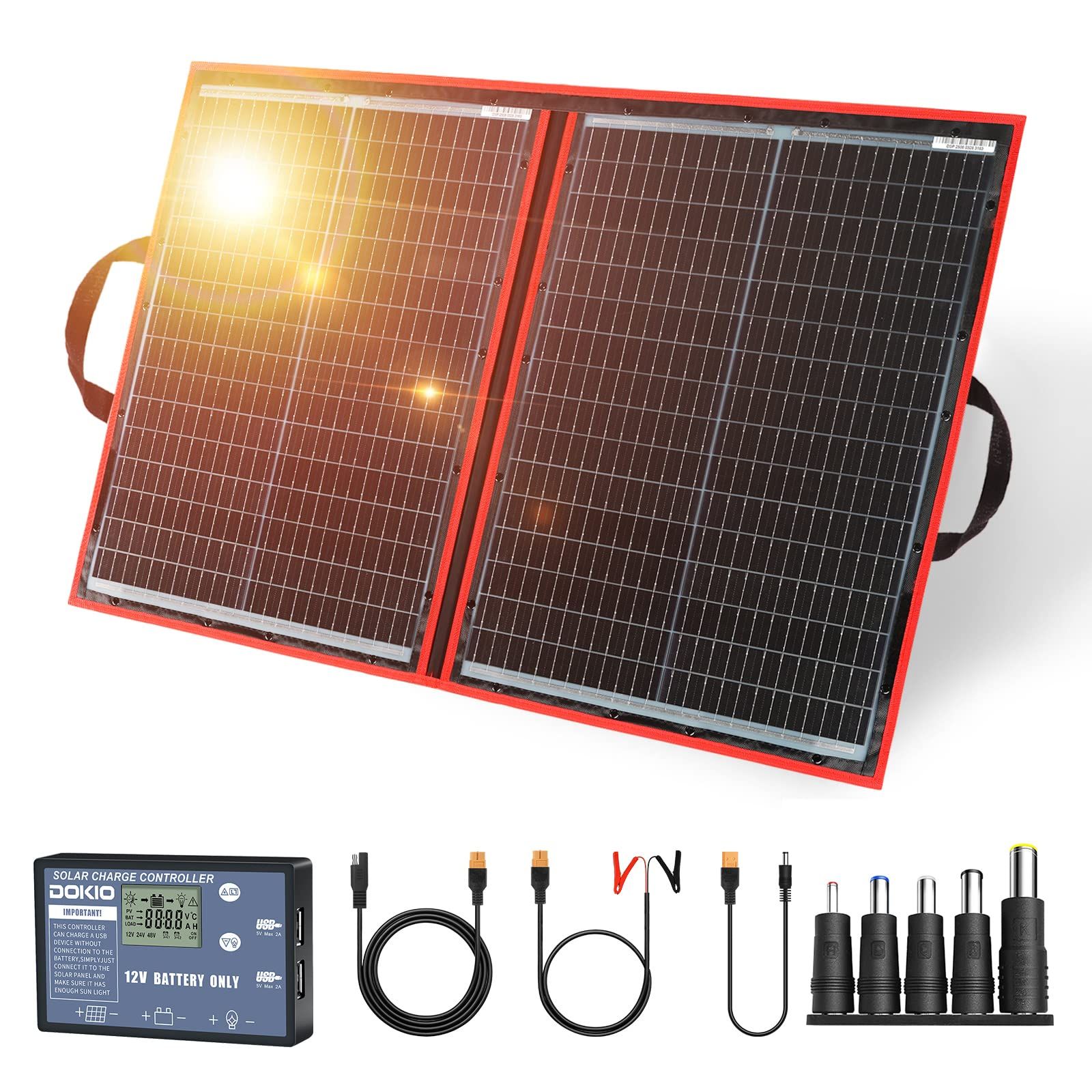 DOKIO ソーラーパネル 110W 18V セット 折りたたみ式 96×66×0.6cm USB出力 単結晶 超軽量 5種DCプラグ スマホ 12Vバッテリー ポータブル電源対応 キャンプ 車中泊 アウトドア 防災グッズry