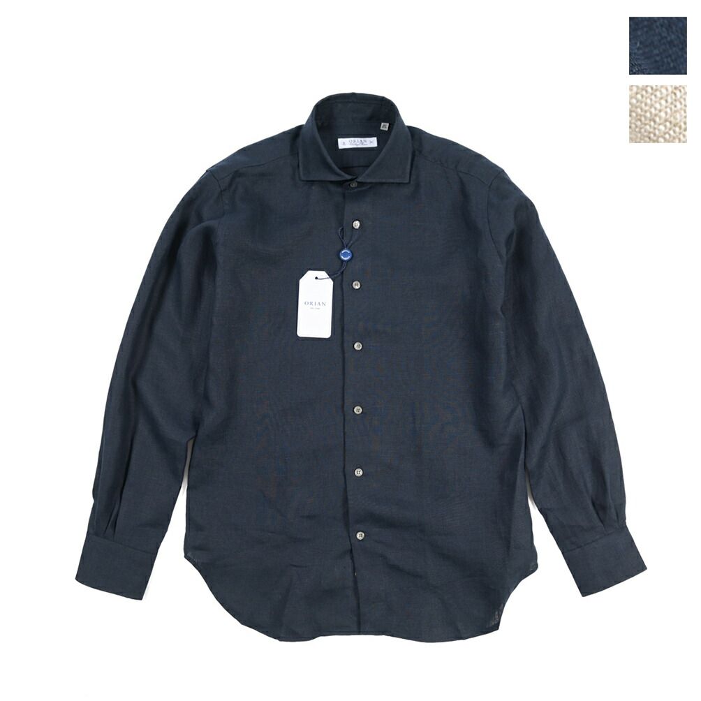 ORIAN オリアン / Vintage Classic ヴィンテージ クラシック 麻シャツ ドレスシャツ ホリゾンタルカラー 長袖 メンズ リネン 100% ネイビー ライトグレージュ 2色展開 442136
