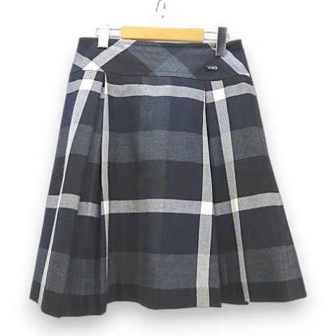 バーバリーブルーレーベル BURBERRY BLUE LABEL 膝丈 スカート 40 ネイビー 紺系 毛 ウール ボックスプリーツ 裏地