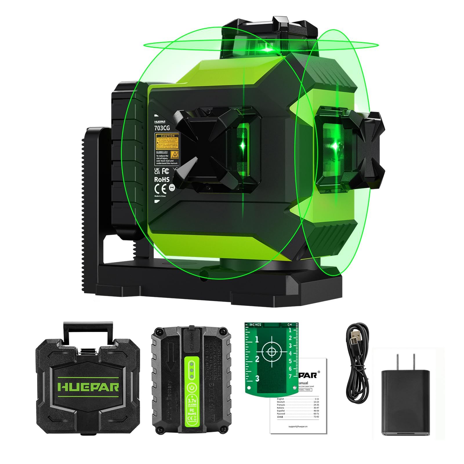 R◆Huepar プロ向け 3x360° レーザー墨出し器 12線フルライン グリーンレーザー 【自動補正＆傾斜モード切替】 Type-C充電対応 マグネット式ベース 明るさ調整機能付き 高輝度 床暖房 天井工事 電気工事 703CG 48b26a46