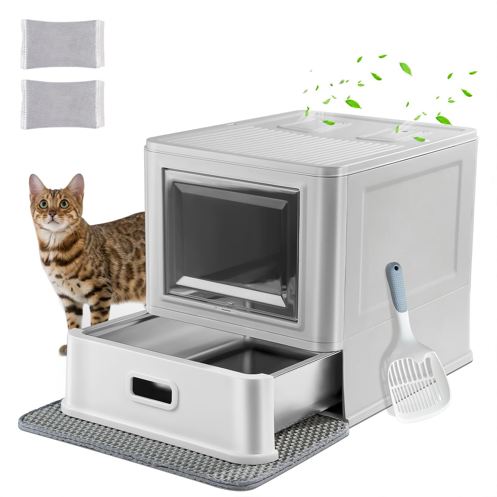 Marchul 猫用トイレ、蓋付き引き出し式設計の密閉ステンレス猫砂盆、室内猫用蓋付き猫砂盆、漏尿防止仕切り板設計、完全密閉底板による漏出防止設計、スコップとマット付属、消臭機能付き