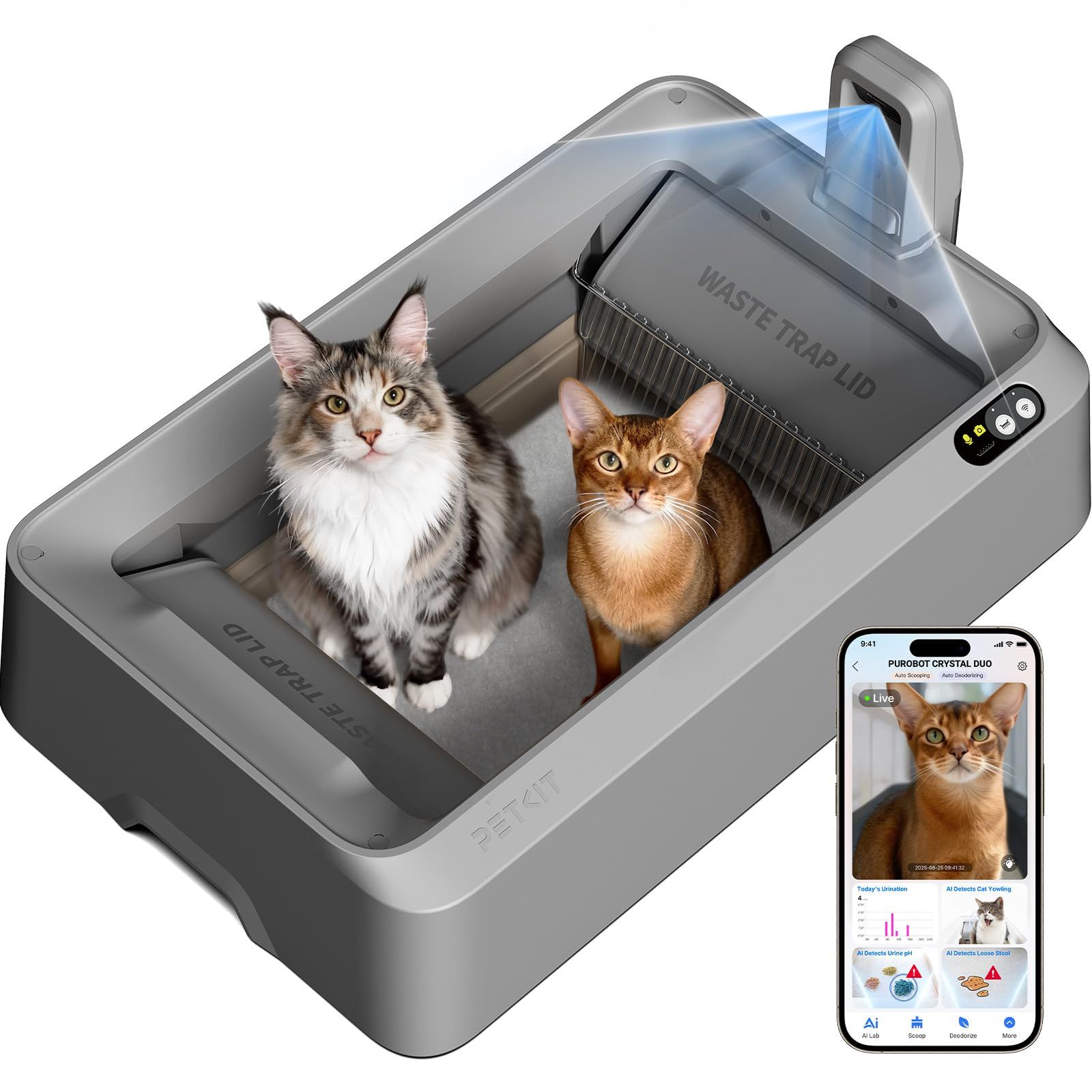 PETKIT 猫 トイレ 自動トイレ ゆるい便が検知 スマホ管理 センサー付き 飛散防止 自動清掃 定期清掃 掃除簡単 お留守番 専用APP IOS/Android対応 日本語説明書付き PUROBOT CRYSTAL DUO