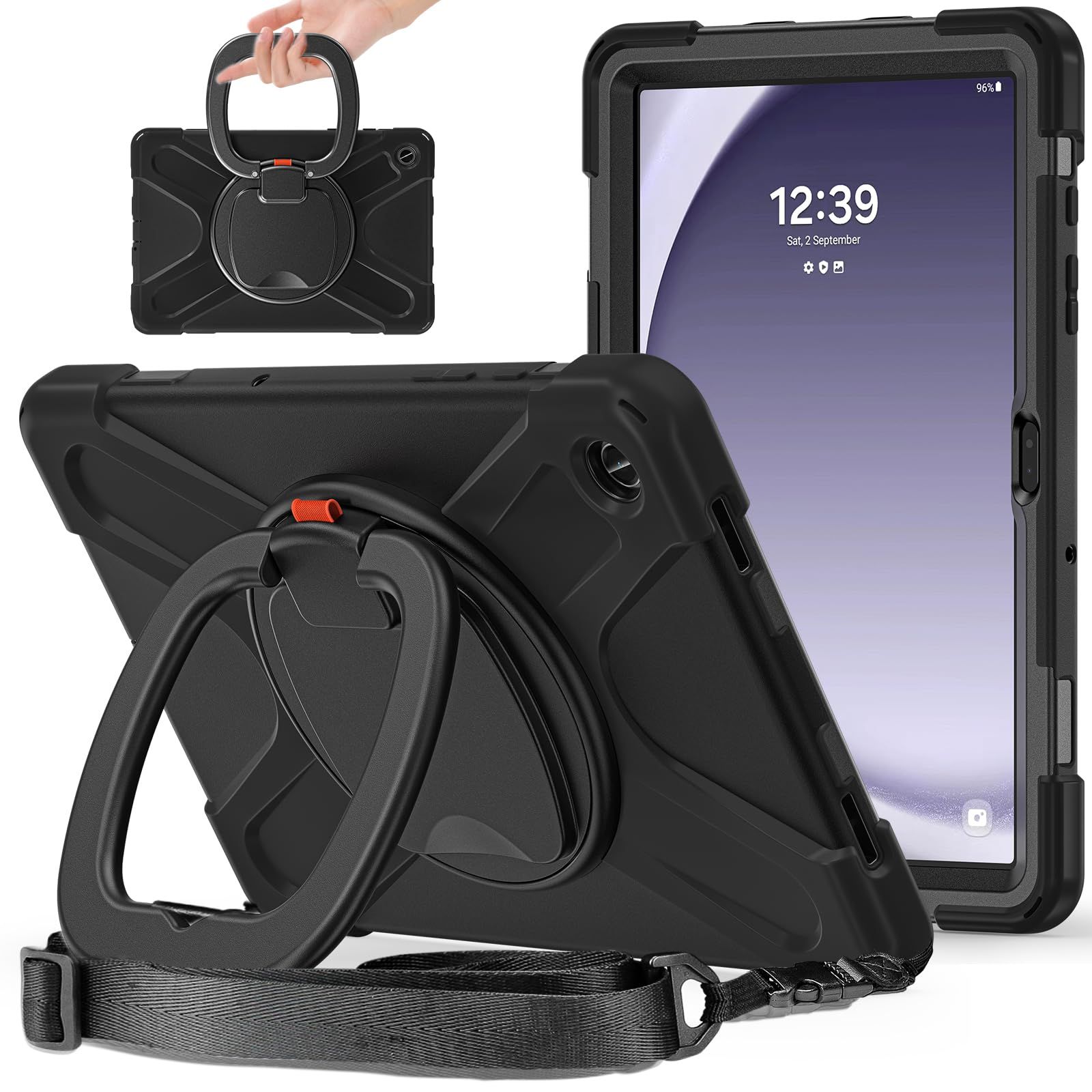 360度回転 Galaxy Tab A9+ 11インチ ケース 縦置き 耐衝撃 頑丈 持ち手付き ショルダーベルト ストラップ付き Android タブレット ギャラクシー Tab A9 Plus カバー 子供 キッズ アウトドア，黒+黒