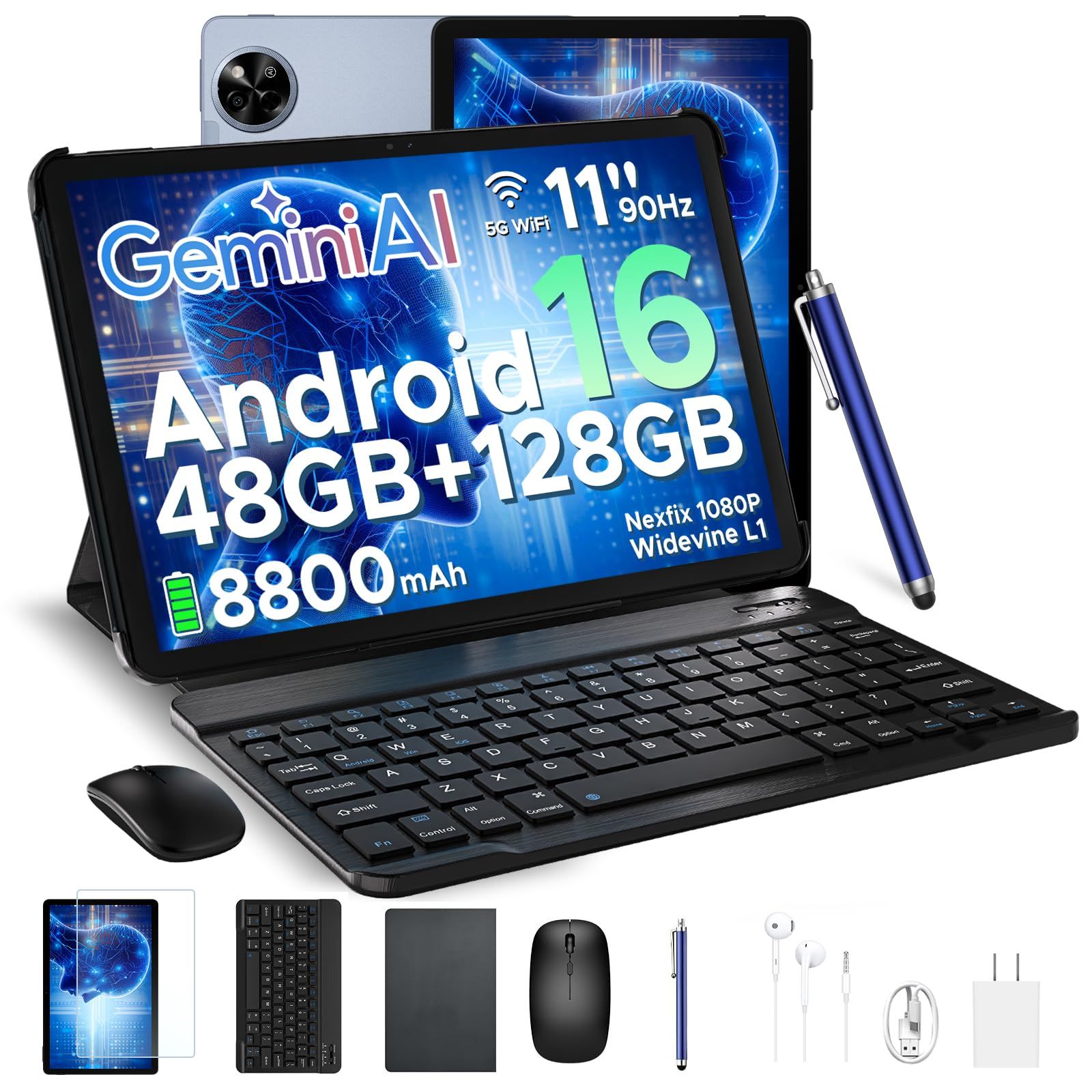 【Android16 11インチ セット版】Android16 タブレット 11インチ、48GB+128GB+2TB拡張、UNISOC T7250 8コアCPU、Gemini AI、Netflix、Widevine L1、1300万画素 AIカメラ、90Hzの