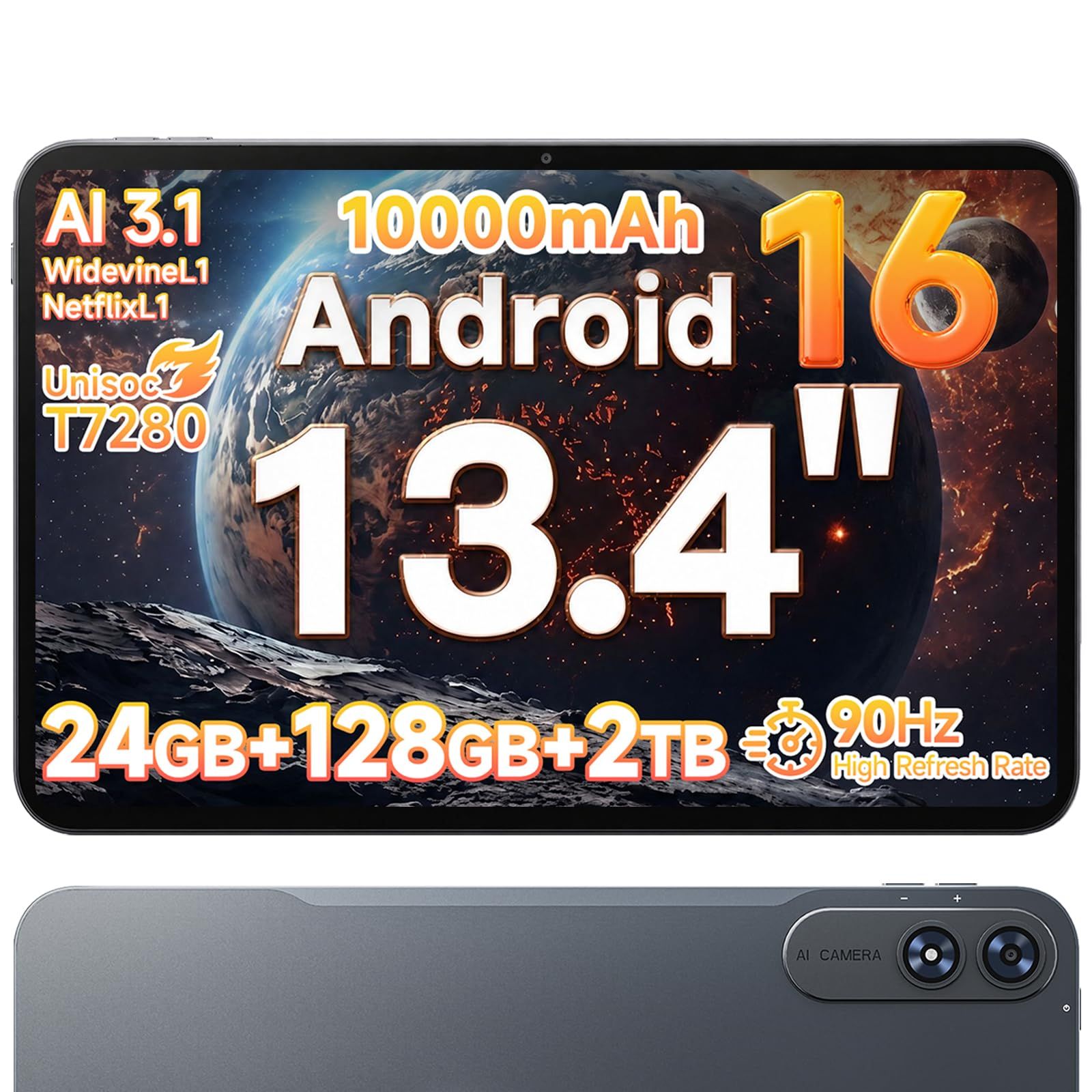 【2026新登場 Android 16 タブレット 13インチ 大画面】Bmax タブレット 12インチ以上 Wi-Fiモデル24GB+128GB+2TB拡張 90Hz GMS認証済 高性能8コアCPUT7280、大型 tablet 10000mAh&PD20
