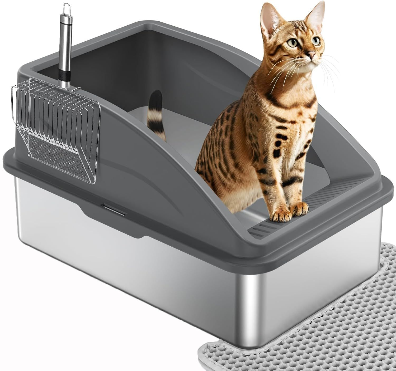 DUDULIFE ステンレス 猫トイレ 大型 ネコトイレ 半密閉式 飛び散り防止 尿漏れ防止 掃除簡単 匂わない 20L大容量 多頭飼い対応 砂取りマット & 全金属製スコップ付き