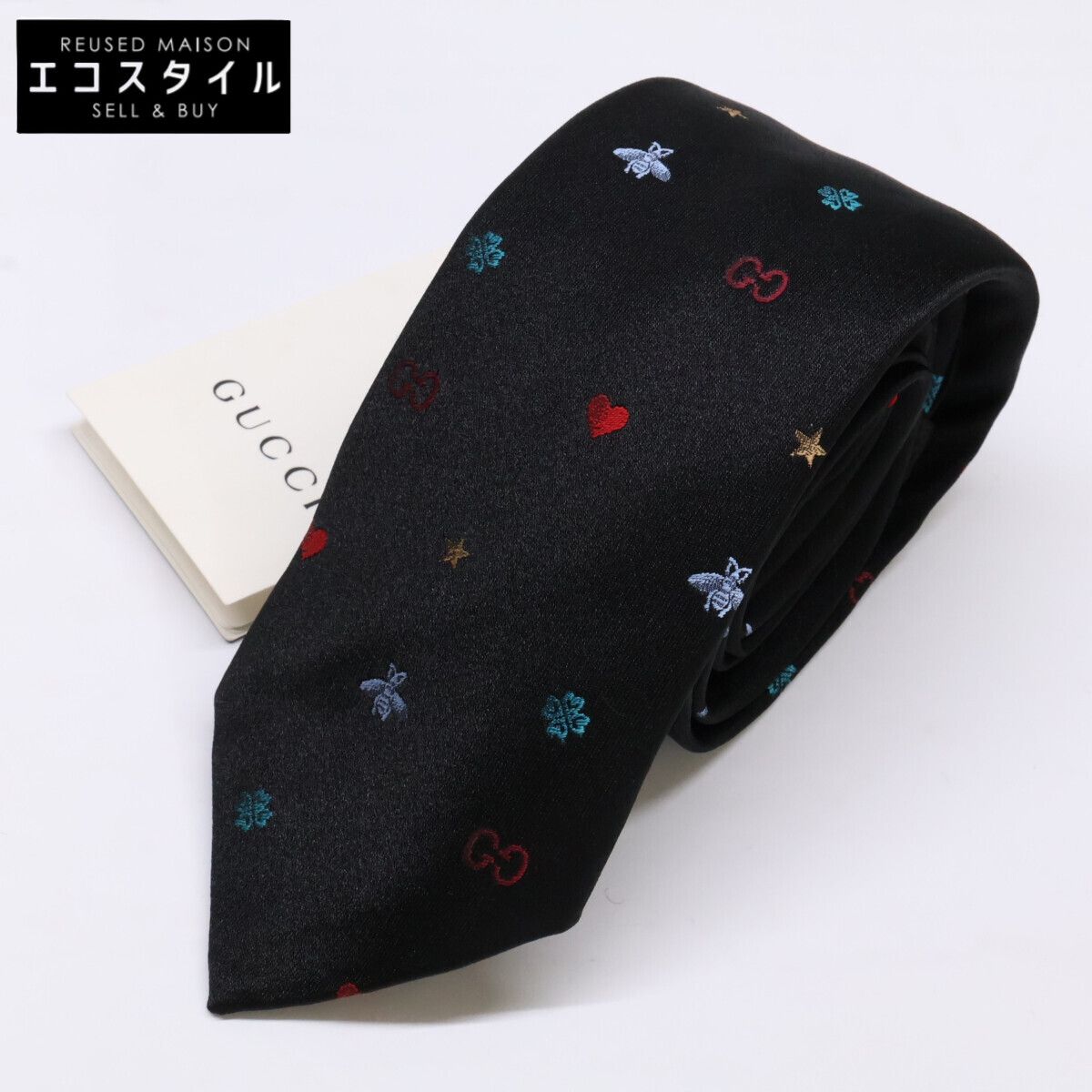 GUCCI　グッチ　【新品同様/国内正規】571819 4E002 SYMBOLS シンボルズ モチーフデザイン シルク ナロータイ/