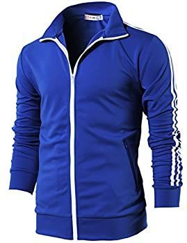 トレンド メンズ カジュアル ファッション ジャージ トレーナー ジッパー 薄手 ライン入り トラック ジャケット CMOJA0103-BLUE-XL