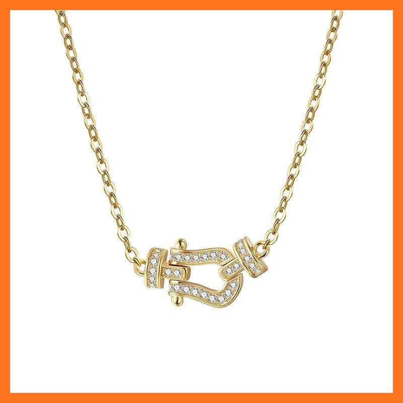 【新品】 [Rockyu] ネックレス レディース ゴールド 馬蹄ネックレス ジルコニア CZ おしゃれ ホースシューペンダント 可愛い 鎖骨チェーン 50cm バレンタインデー 母の日 プレゼント (ゴールド)