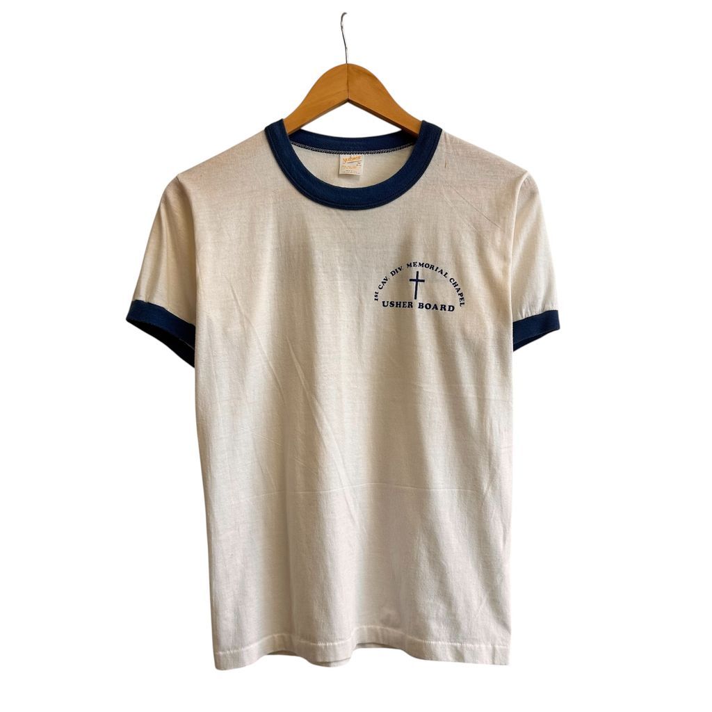 80s~ USA製 金タグ sportswear リンガーTシャツ トリムTシャツ 青 白 SIZE M （38-40）NO.T713