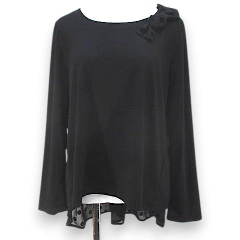 インゲボルグ INGEBORG 長袖 カットソー 4 黒系 ブラック 切替 ドット ロゴ フロッキープリント リボン 日本製
