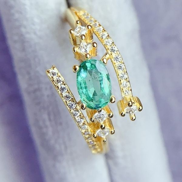 天然エメラルドリング S925純銀、ナチュラル、高級ジュエリー、宝石