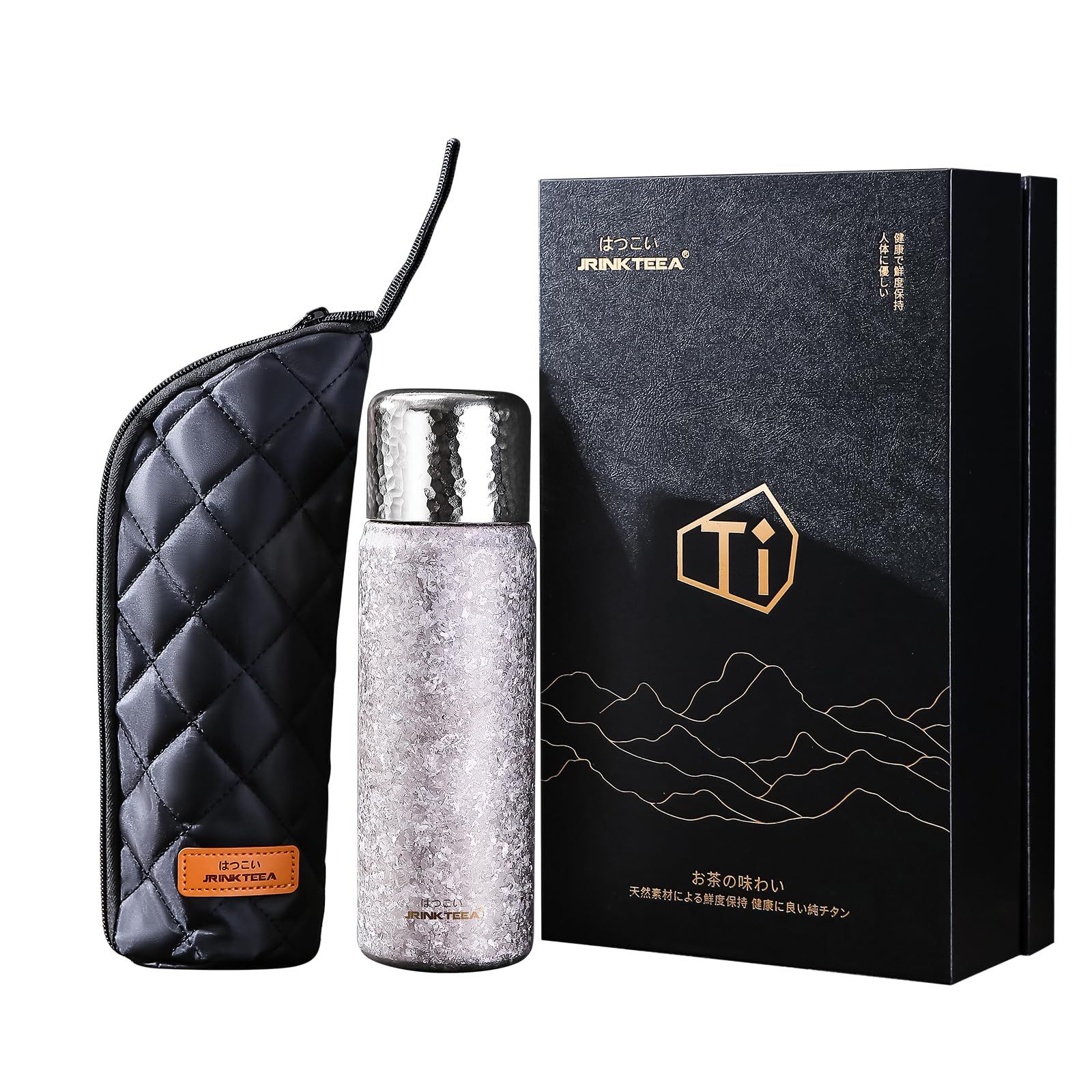 JRINKTEEA 魔法瓶 500ml 純チタン製 真空断熱 ティーストレーナー付き 抗菌加工 無塗装 ギフトボックス付き (雪晶模様シルバー)