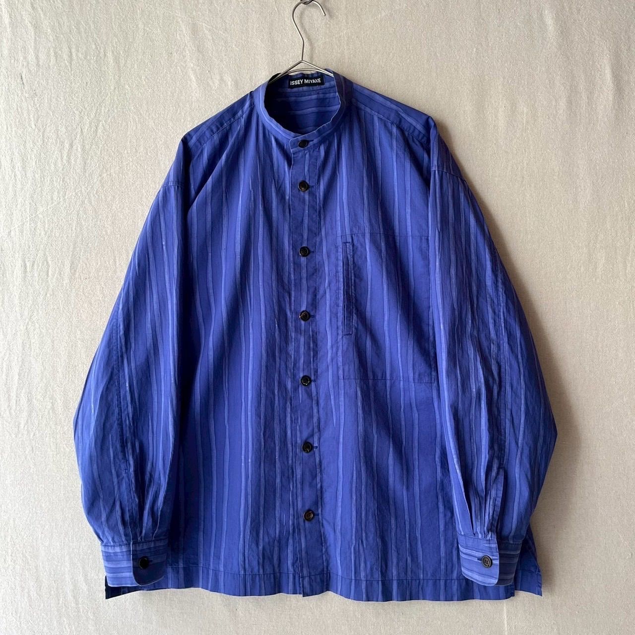 95ss ISSEY MIYAKE スタンドカラー シャツ / M コットン ブルー ストライプ バンドカラー アーカイブ 90s T6-06121-9979