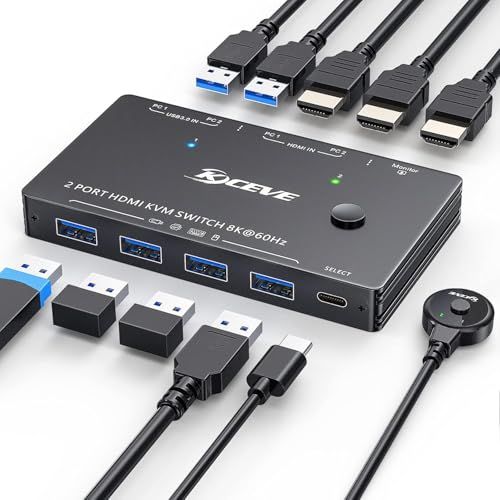KCEVE USB3.0 HDMI KVM切替器 2入力1出力 8K@60Hz 4K@120Hz PC2台用 KVM スイッチ キーボード、マウス、モニターを2PCで共有 ドライバ不要 簡単に接続 手元スイッチ付き★m 728b8770
