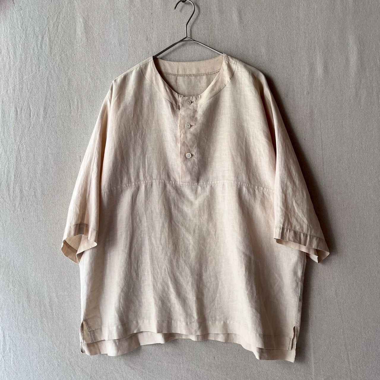 18ss HOMME PLISSE ISSEY MIYAKE プルオーバー ノーカラー シャツ / 2 リネン コットン 半袖 T6-06003-9979