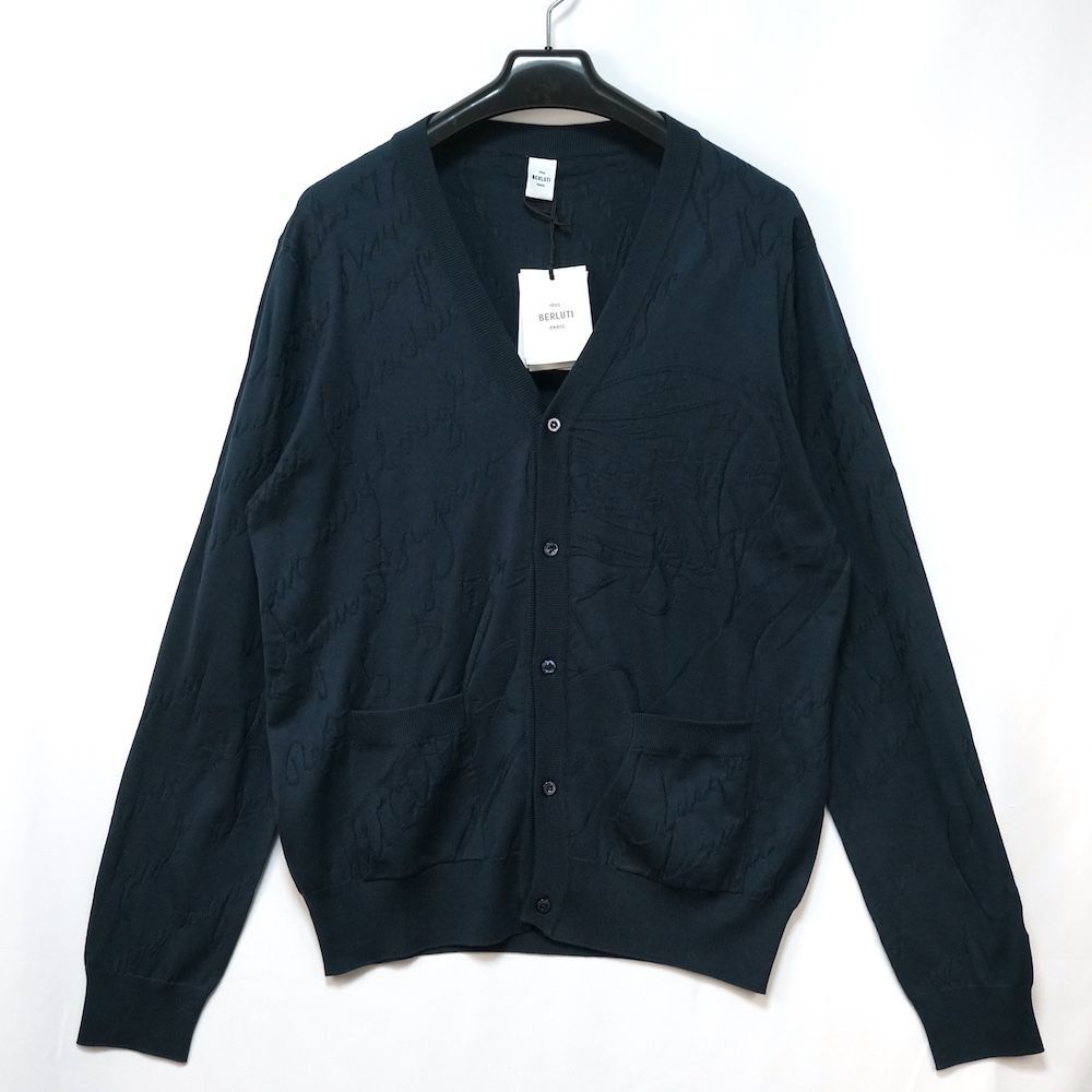 BERLUTI PARIS 1895 ベルルッティ New Scritto Cardigan ニュー スクリット シルク コットン ニット カーディガン ネイビー Lサイズ R27KCL81YSAF 新品未使用