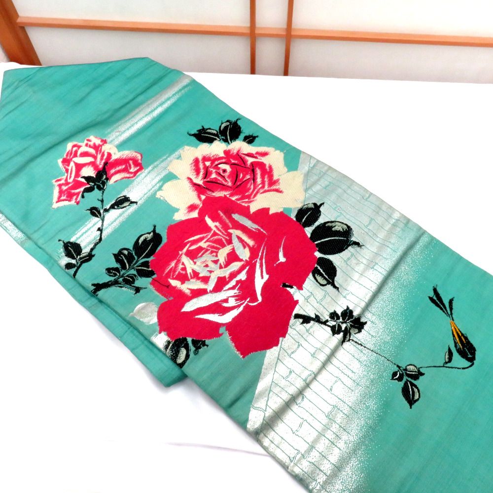 名古屋帯 アンティーク帯 昔名古屋帯 絹 緑×多色×銀彩 真垣 薔薇 風景