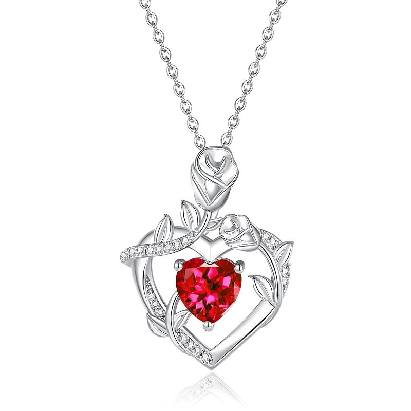 [FANCIME] ネックレス レディース 「Blossom Heart」 ハート バラ ルビー 7月 誕生石 オープンハート ローズ ジルコニア 純銀製 彼女 ホワイトディー 母の日 誕生石 プレゼント