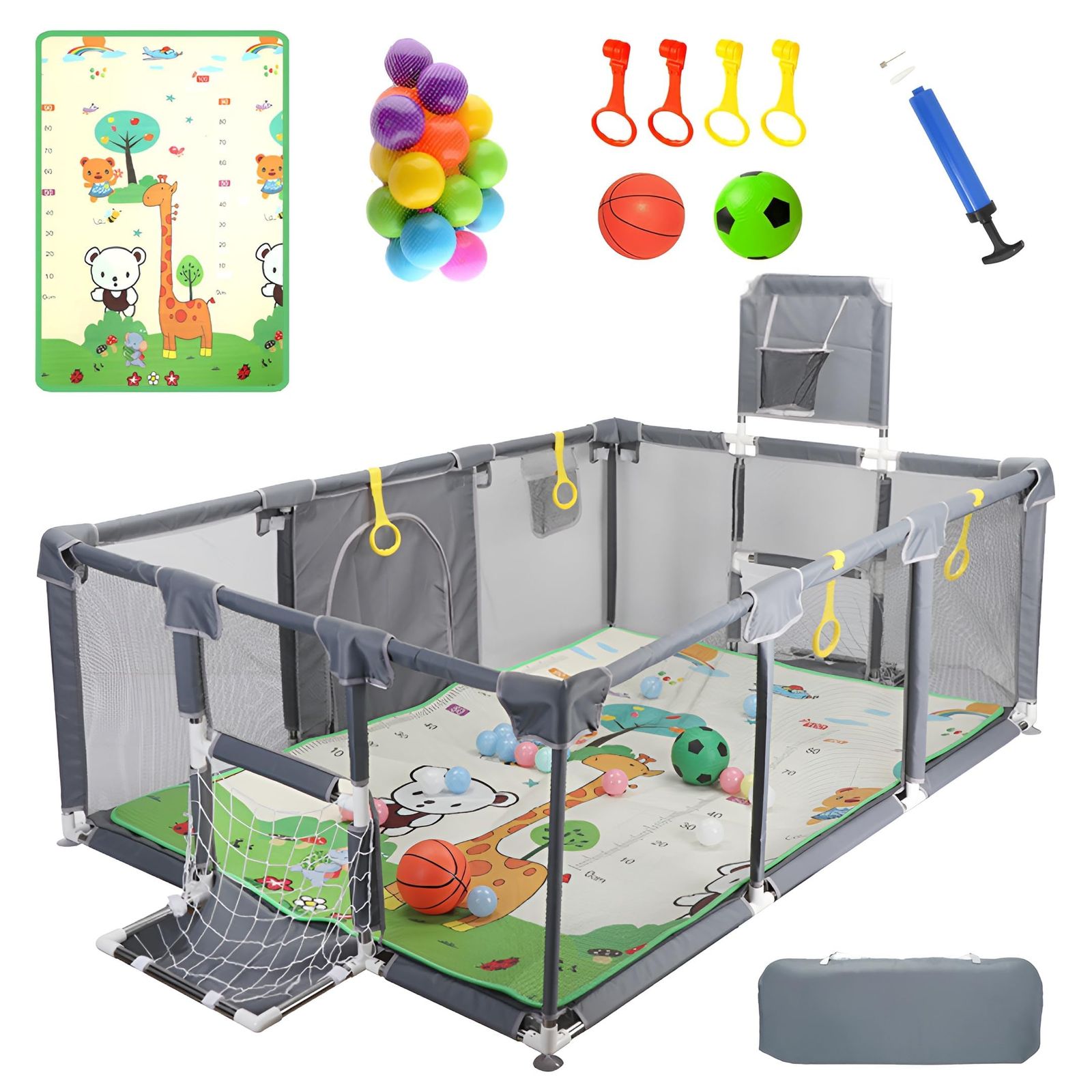 ベビーサークル 大型 (180×120×66cm) サッカーゴールネット バスケットゴール ベビープレイ マット付き 室内・屋外対応 キッズ用プレイエリア 頑丈で安全な設計/通気性の良いソフトメッシュ 滑り止め付き ベビーフェンス